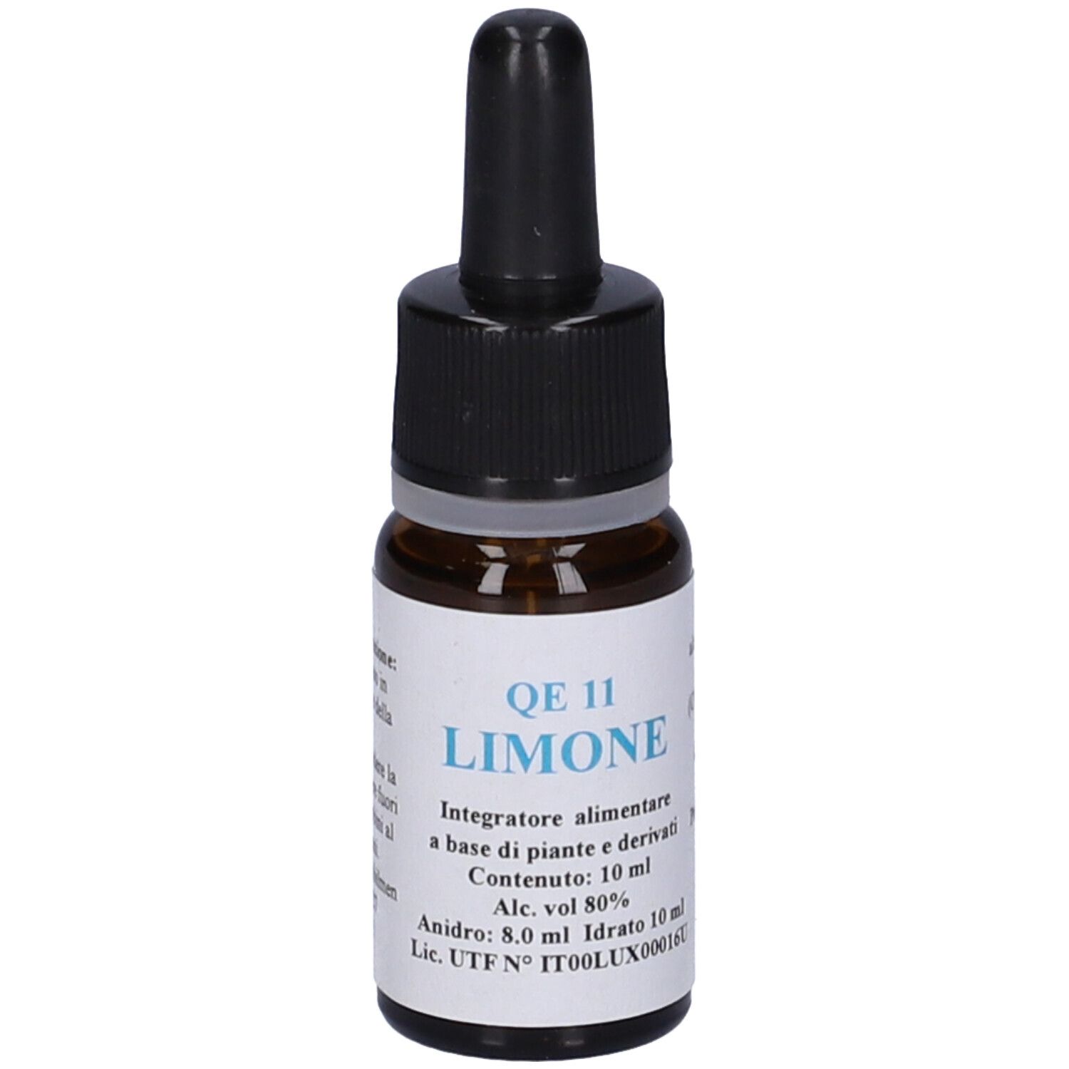 Flacone di vetro marrone con contagocce nero. Etichetta con testo: QE 11 Limone. Contenuto 10 ml.