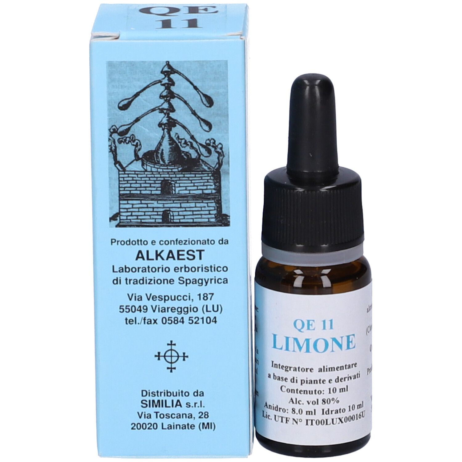 Flacone di vetro marrone con contagocce nero accanto a una scatola azzurra. Scritta: QE 11.