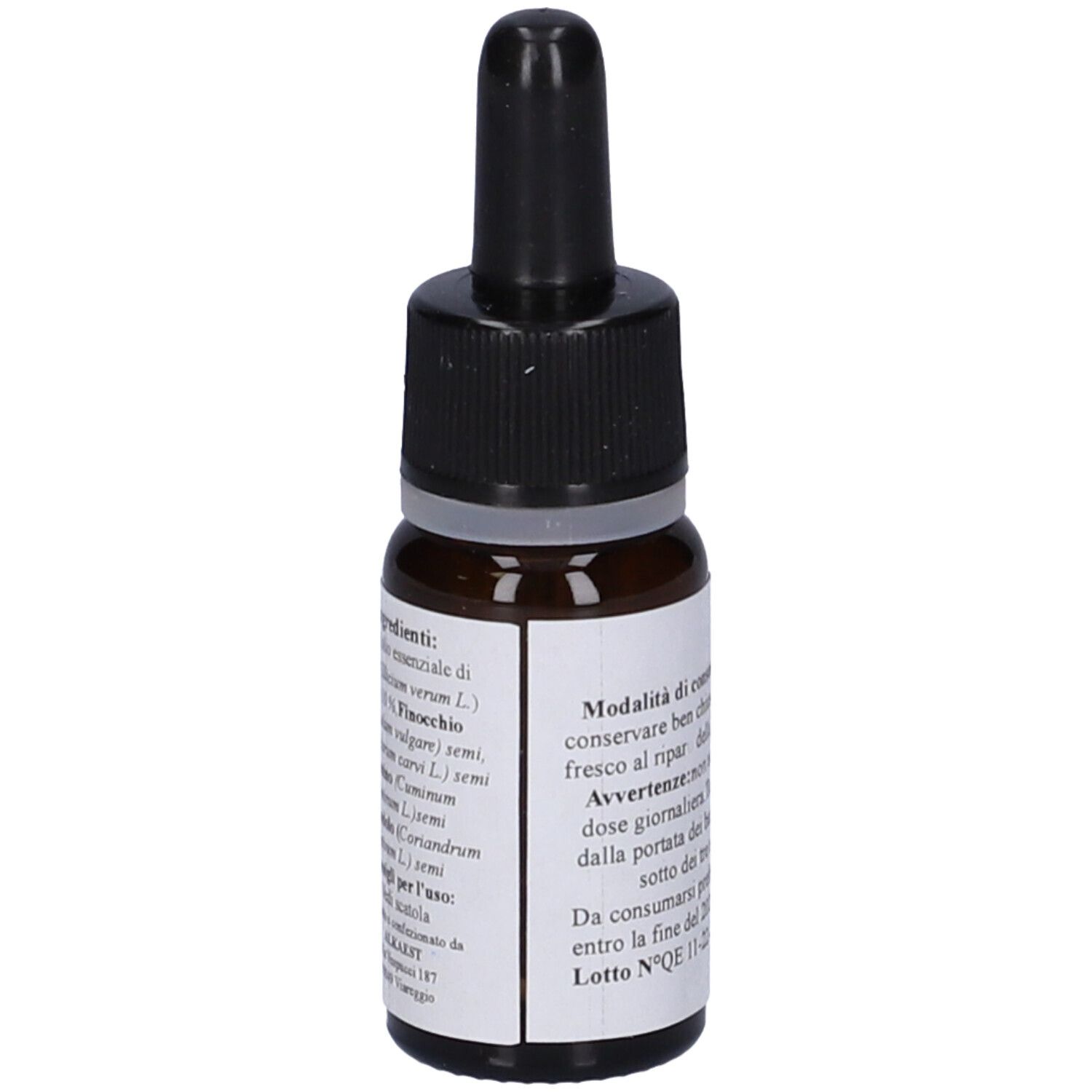 Flacone di vetro marrone con tappo nero ed etichetta. Scritta: QE 19 SEMI CALDI. Contiene 10 ml. Ingredienti sul retro.
