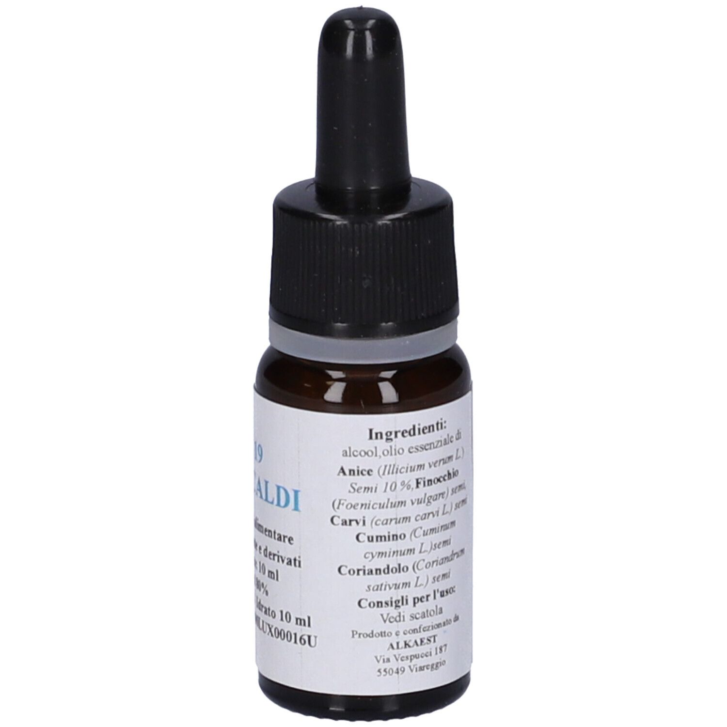 Flacone di vetro marrone con tappo nero ed etichetta. Scritta: QE 19 SEMI CALDI. Contiene 10 ml. Ingredienti sul retro.