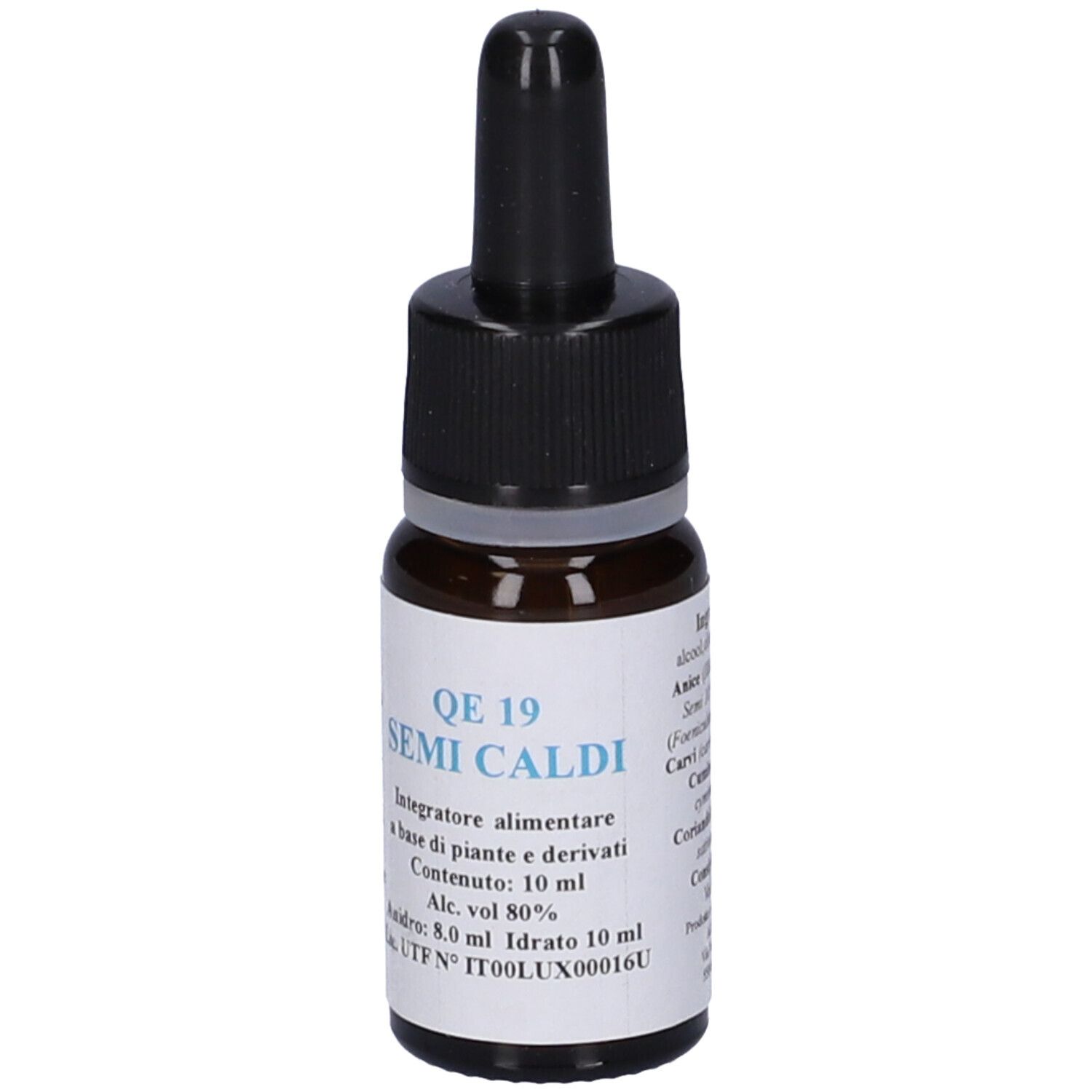 Flacone di vetro marrone con tappo nero ed etichetta. Scritta: QE 19 SEMI CALDI. Contiene 10 ml.