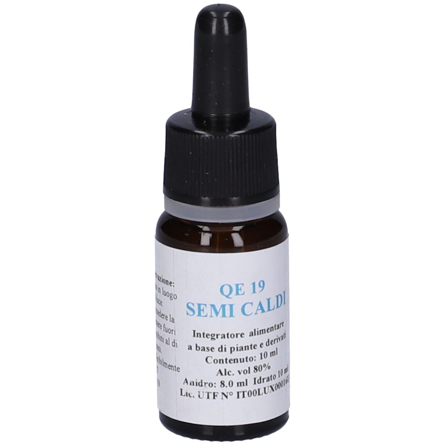 Flacone di vetro marrone con tappo nero ed etichetta. Scritta: QE 19 SEMI CALDI. Contiene 10 ml.