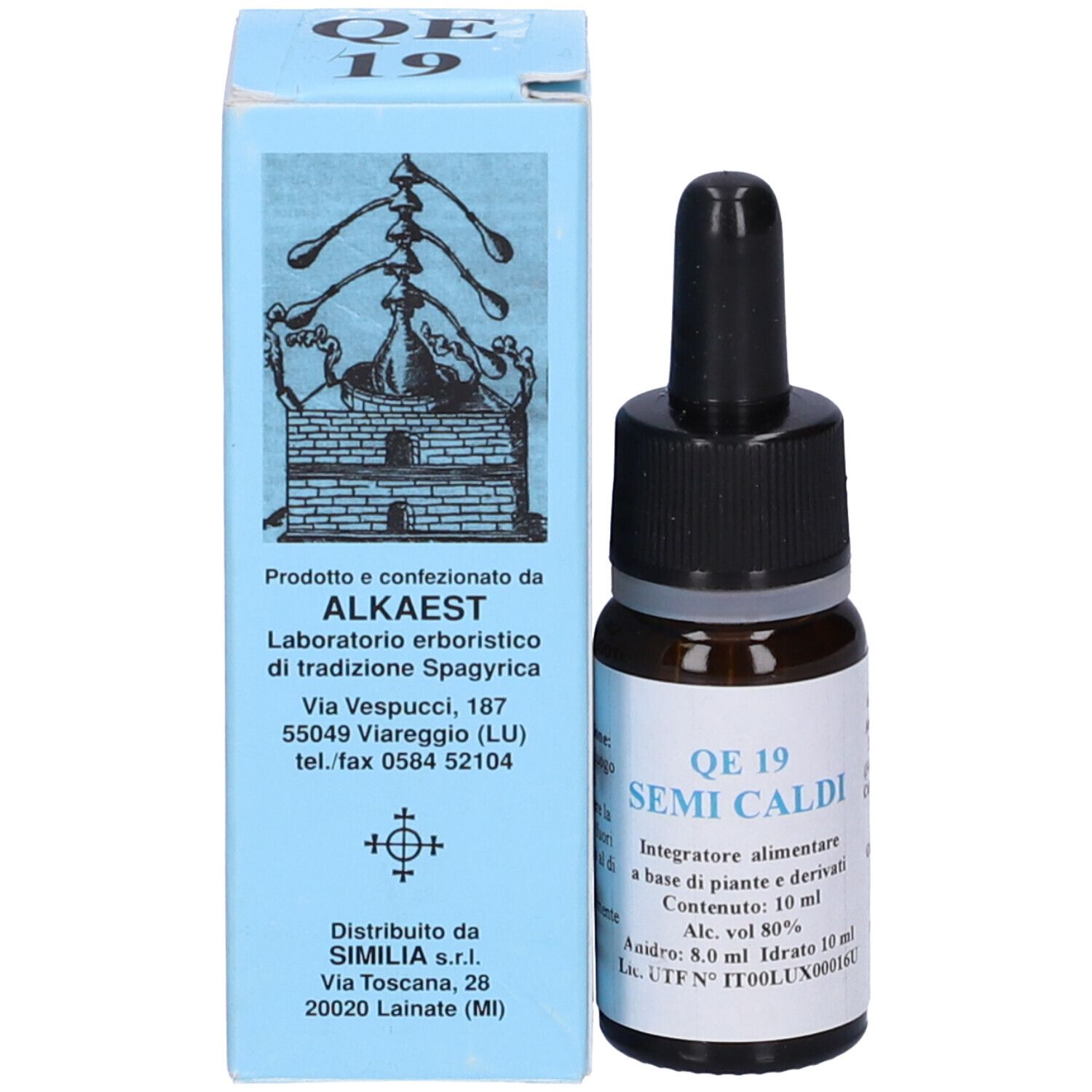 Confezione del prodotto. Scatola azzurra con scritta QE 19 e nome del prodotto. Produttore: ALKAEAST.