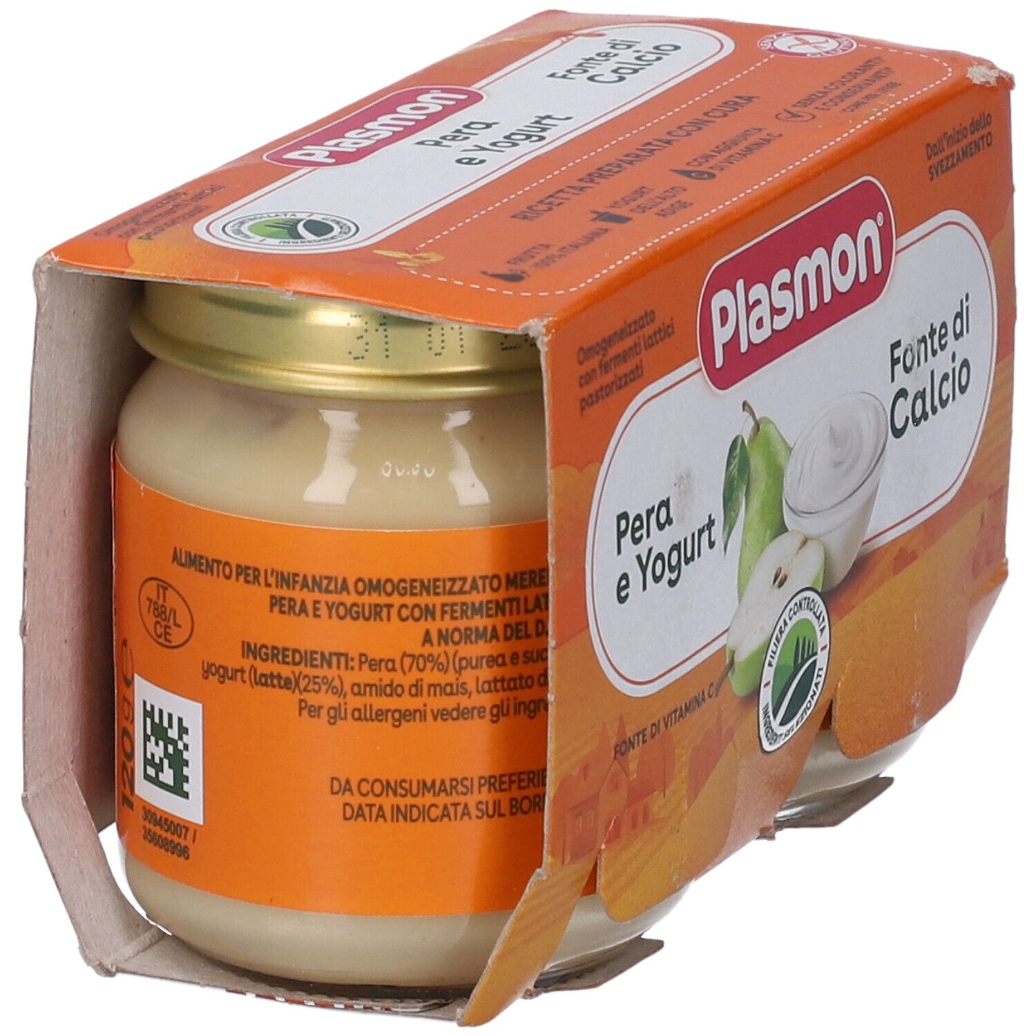 Plasmon Pera e Yogurt, un vasetto in confezione aperta. Informazioni sul prodotto sull'etichetta.