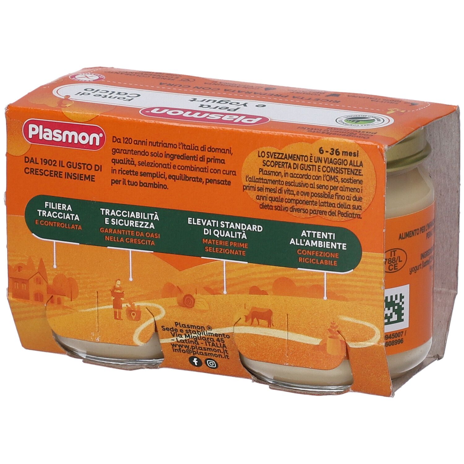 Plasmon Pera e Yogurt, 2 vasetti in confezione. Retro con testo e illustrazioni.