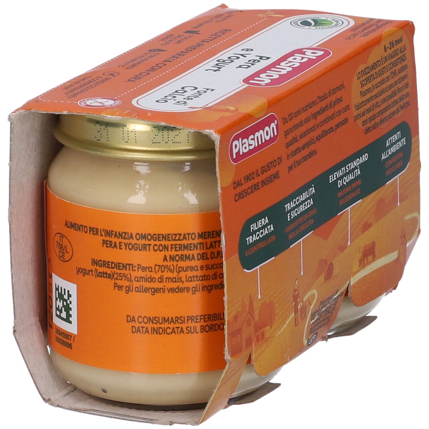 Plasmon Pera e Yogurt, un vasetto in confezione aperta. Informazioni sul prodotto sull'etichetta.