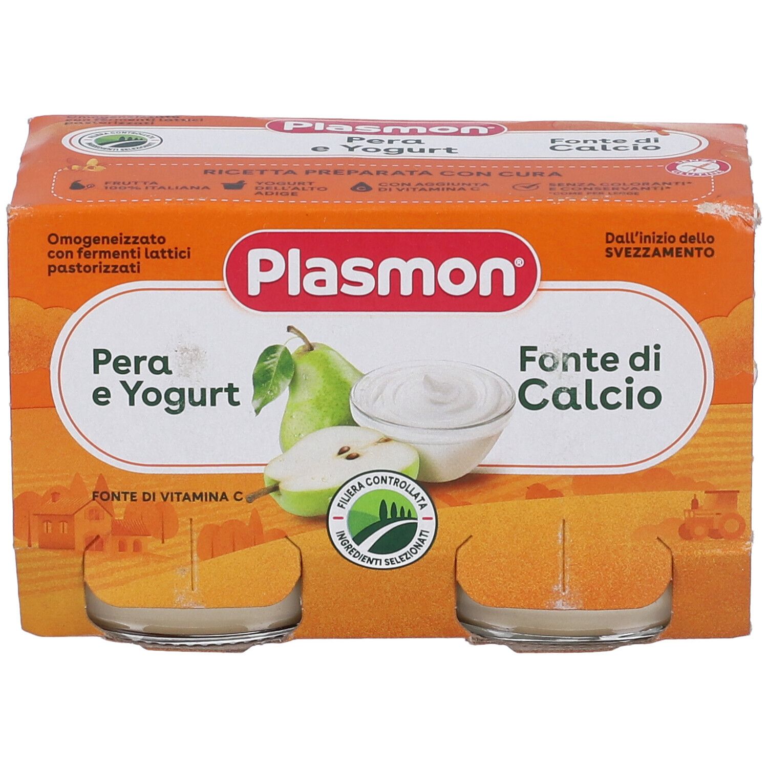 Plasmon Pera e Yogurt, 2 vasetti in confezione. Scatola arancione con nome prodotto e immagini di pere.