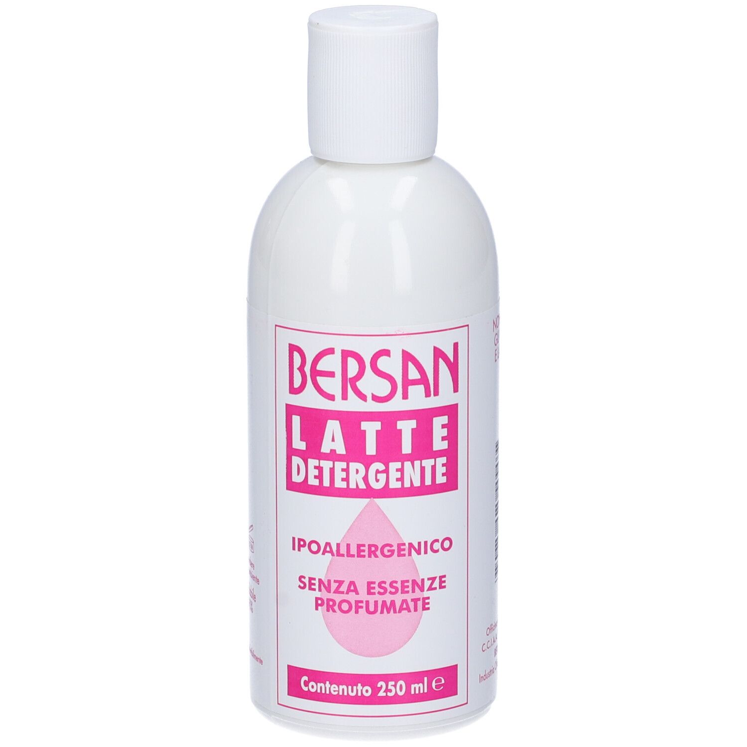 Flacone bianco. Etichetta rosa con testo: BERSAN LATTE DETERGENTE, Ipoallergenico, Senza essenze profumate. 250 ml.