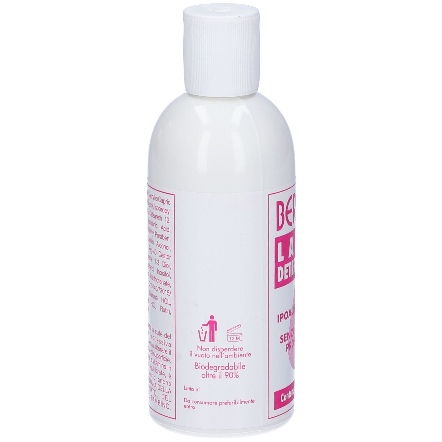 Retro del flacone bianco. Etichetta rosa con testo. Testo sugli ingredienti e istruzioni per lo smaltimento.