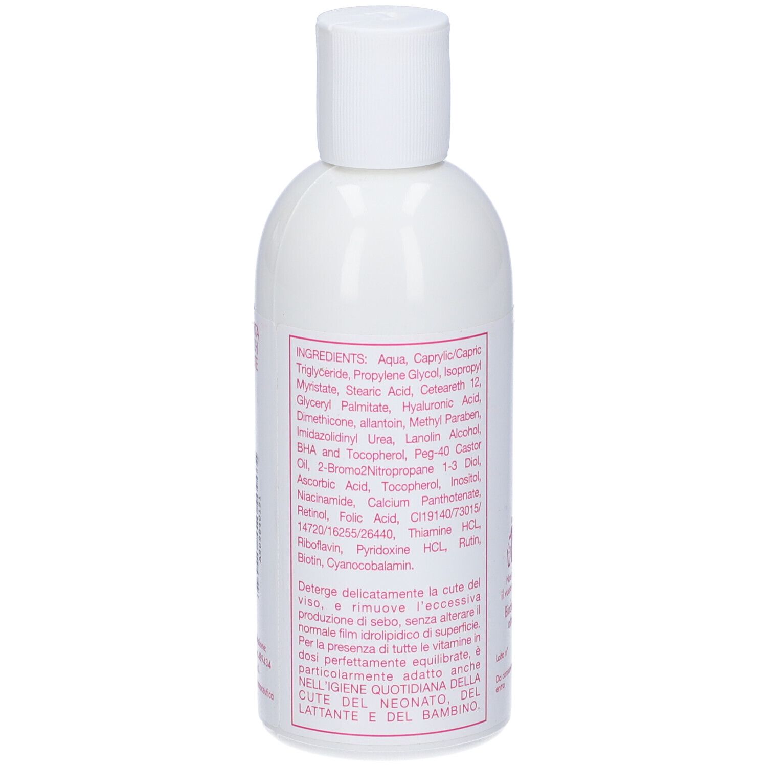 Retro del flacone bianco. Etichetta rosa con testo. Testo sugli ingredienti e l'uso.