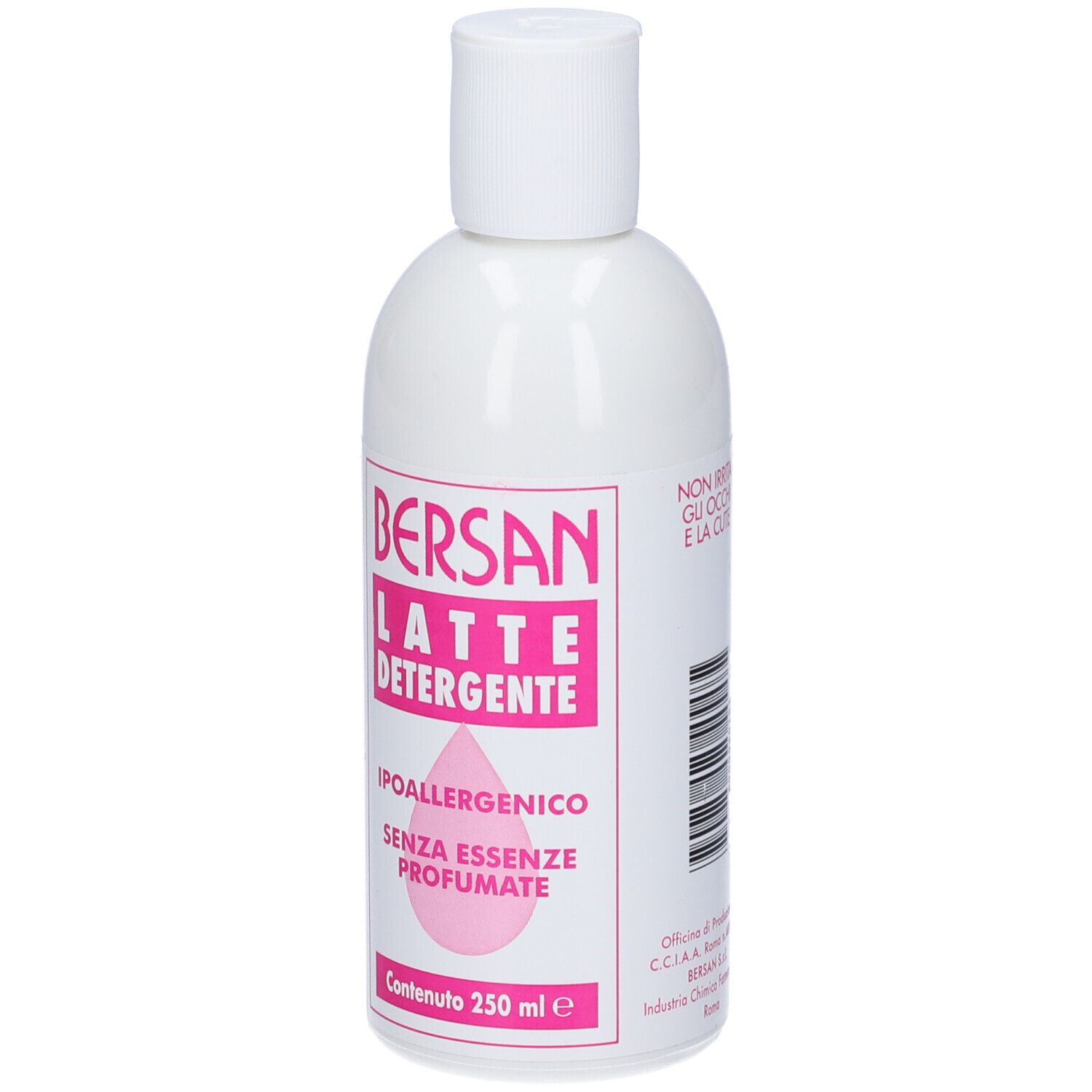 Flacone bianco. Etichetta rosa con testo: BERSAN LATTE DETERGENTE, Ipoallergenico, Senza essenze profumate. 250 ml.