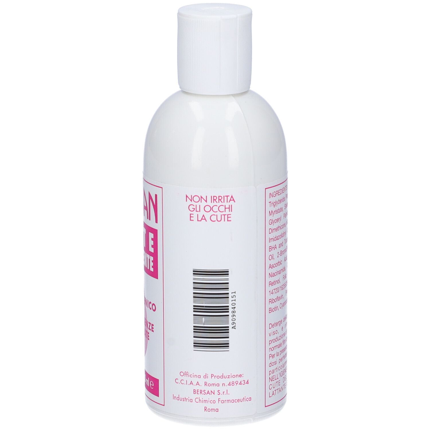 Retro del flacone bianco. Etichetta rosa con testo. Testo: NON IRRITA GLI OCCHI E LA CUTE. Codice a barre.