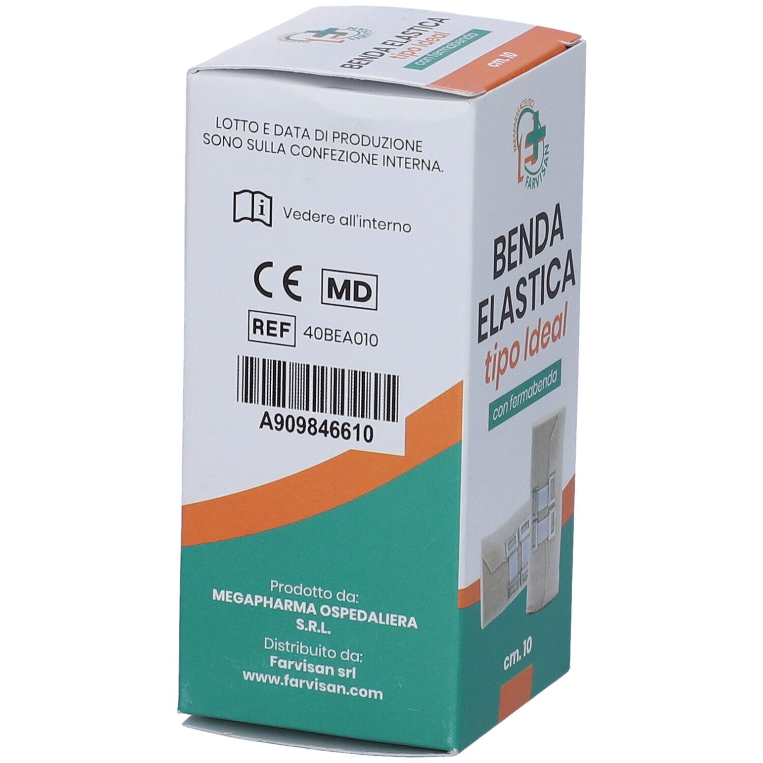 Confezione della benda elastica. Scritte: CE MD, REF 40BEA010, codice a barre. Informazioni produttore e distributore.