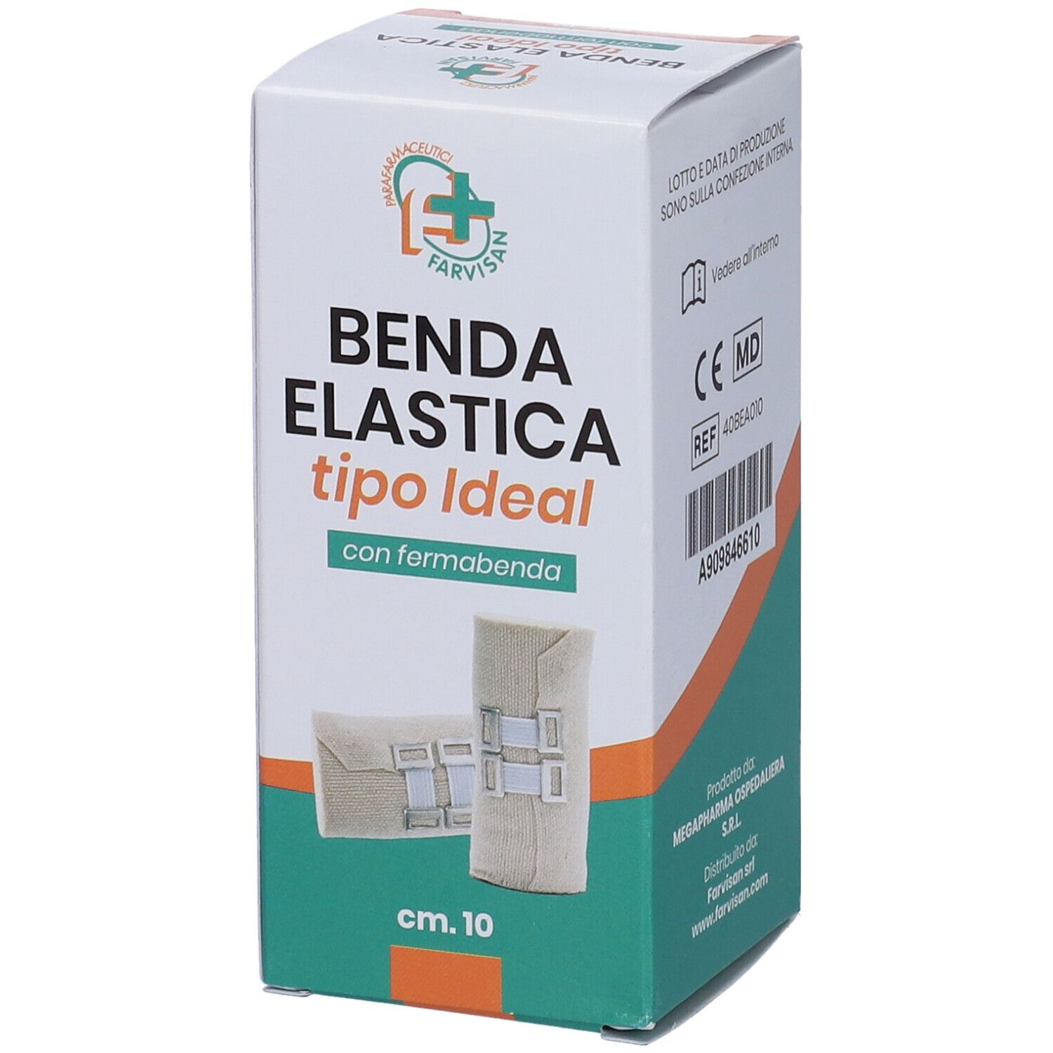Confezione della benda elastica. Scritta: Benda Elastica tipo Ideal, cm 10. Con fermabenda.