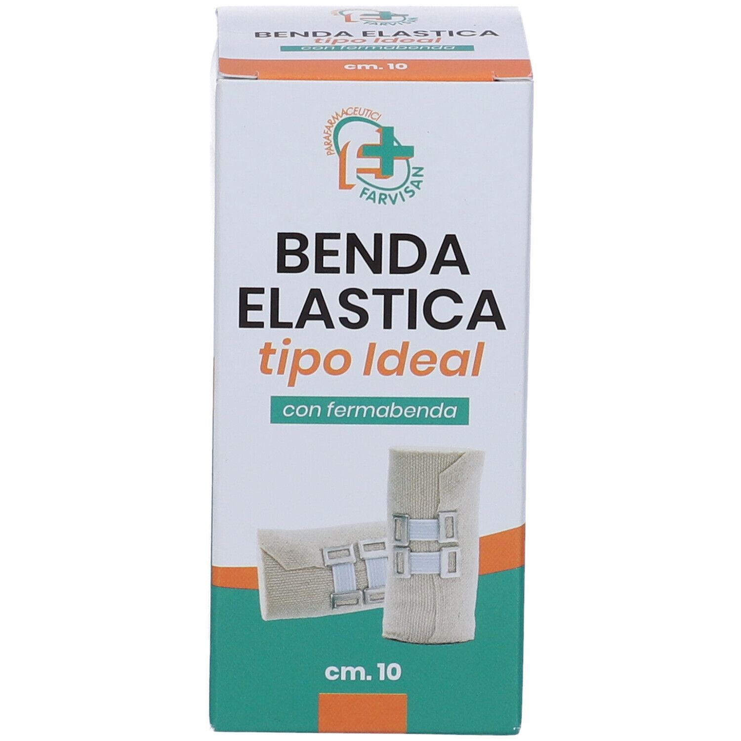 Confezione della benda elastica. Scritta: Benda Elastica tipo Ideal, cm 10. Con fermabenda.