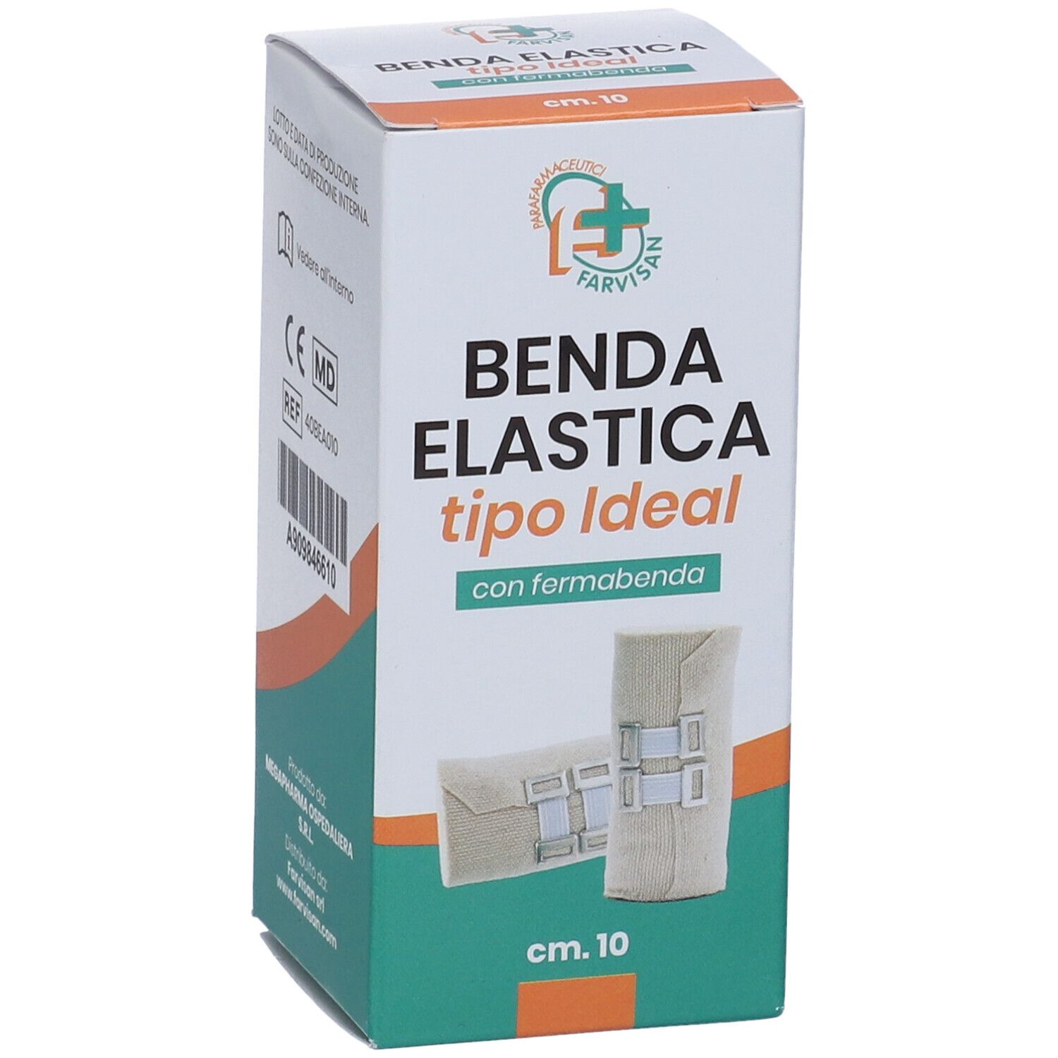 Confezione della benda elastica. Scritta: Benda Elastica tipo Ideal, cm 10. Con fermabenda.