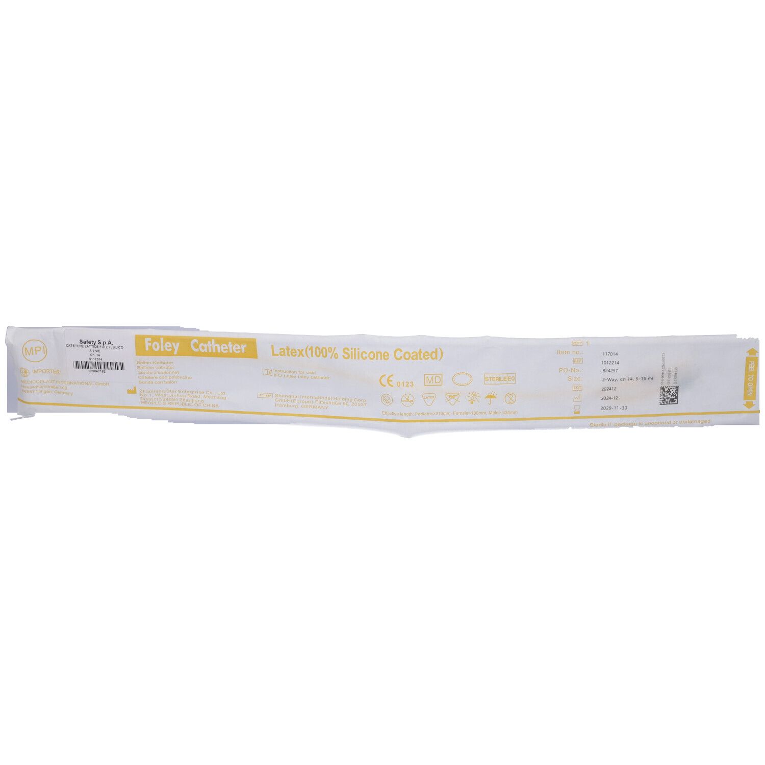 Confezione con informazioni sul prodotto. Testo: Foley Catheter, Latex (100% Silicone Coated).