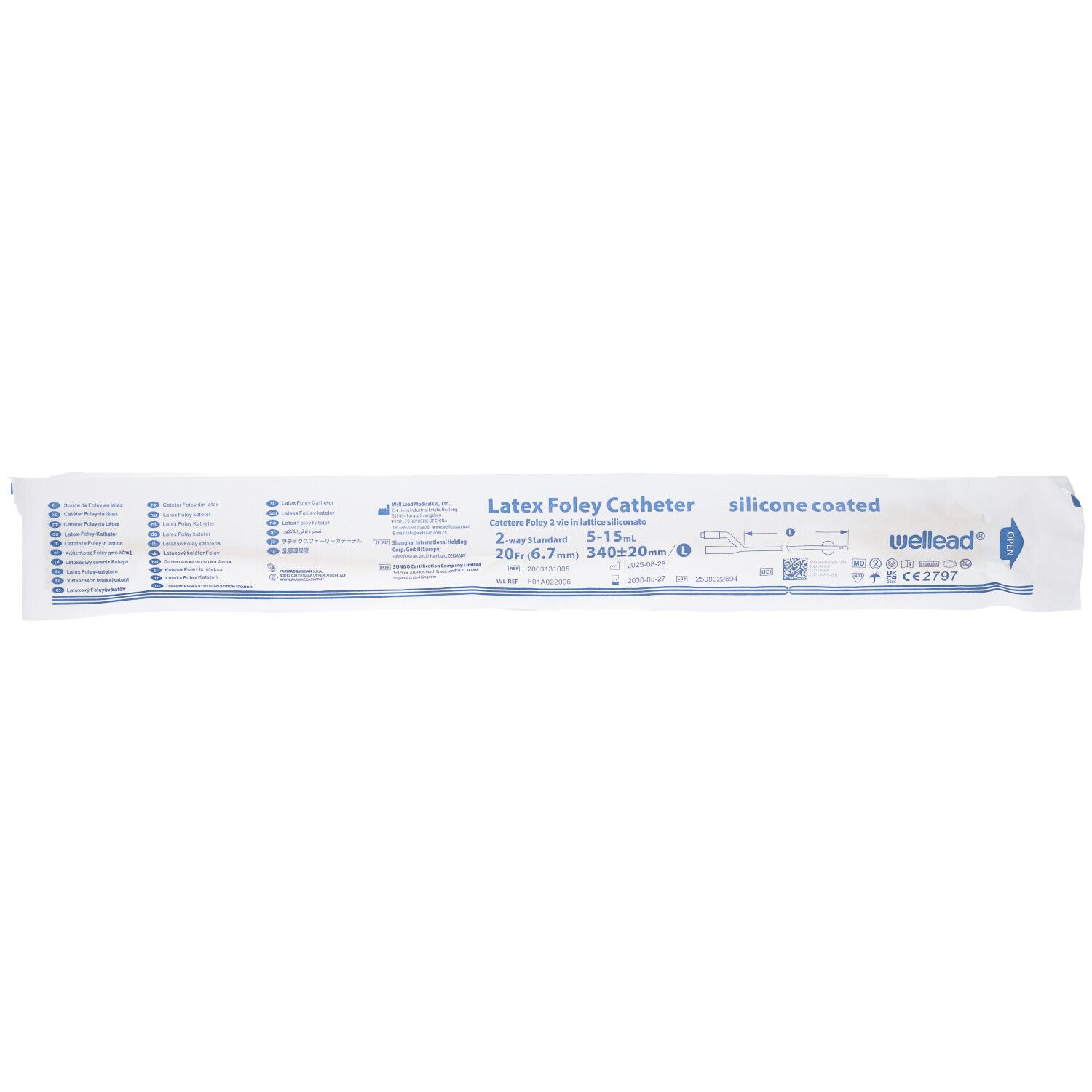Catetere in confezione sigillata. Scritta: Latex Foley Catheter, silicone coated. Marchio: wellead. Dettagli visibili.