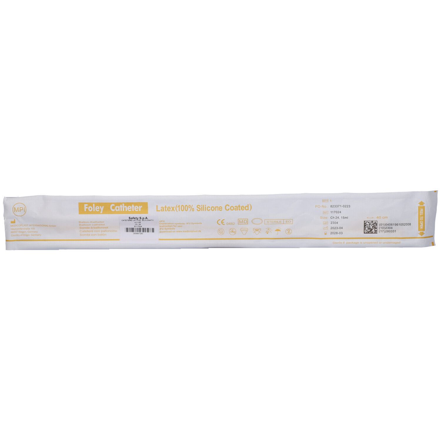 Confezione con informazioni prodotto. Testo: Foley Catheter, Latex/Silicone.