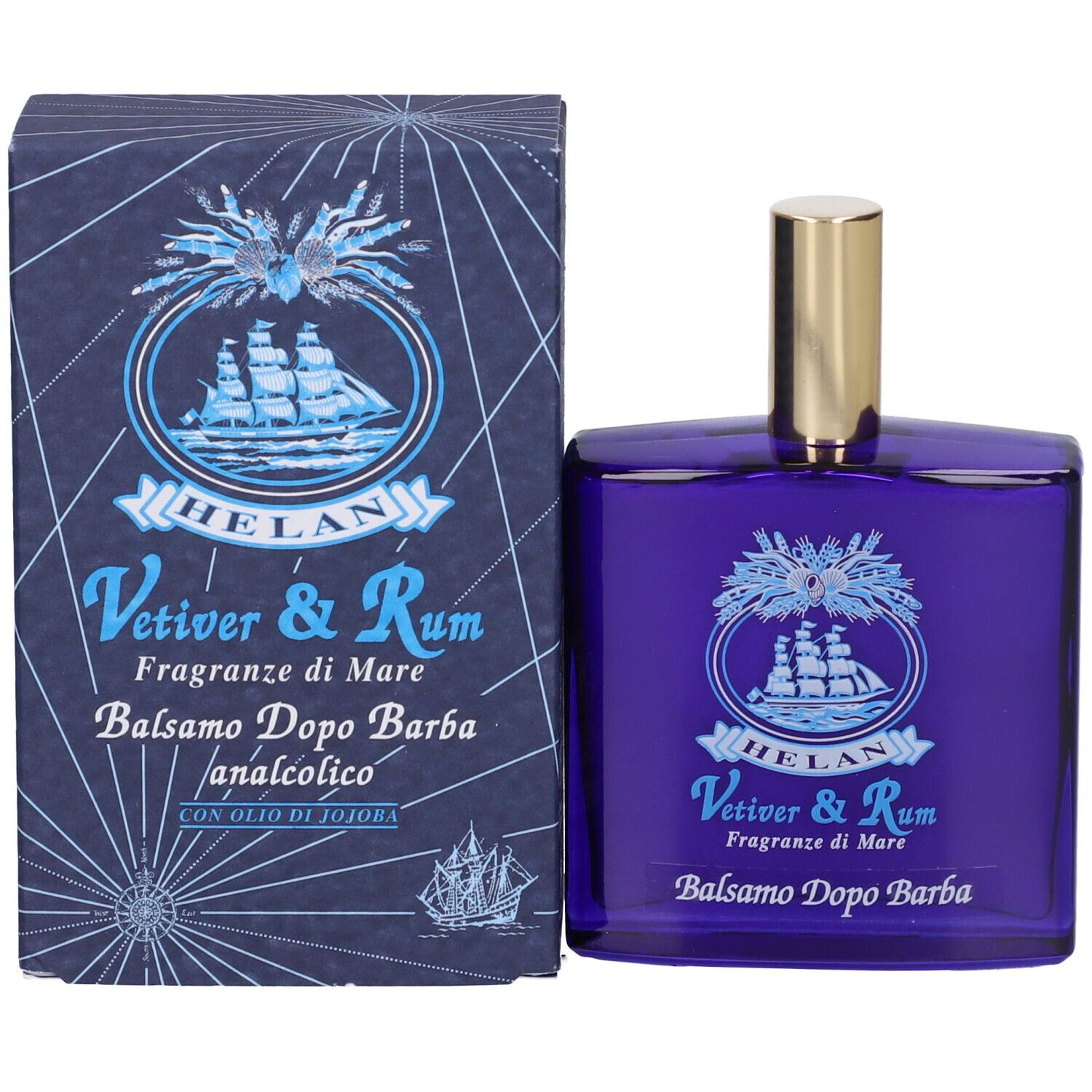 Confezione e flacone. Confezione blu con motivo nave a vela. Scritta: HELAN, Vetiver & Rum, Balsamo Dopo Barba.