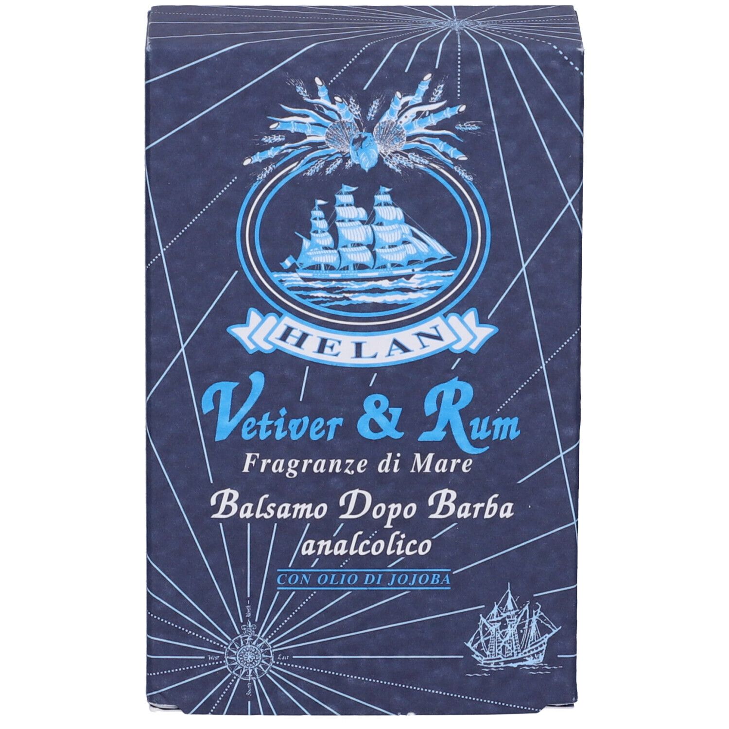 Confezione blu con motivo nave a vela. Scritta: HELAN, Vetiver & Rum, Balsamo Dopo Barba.