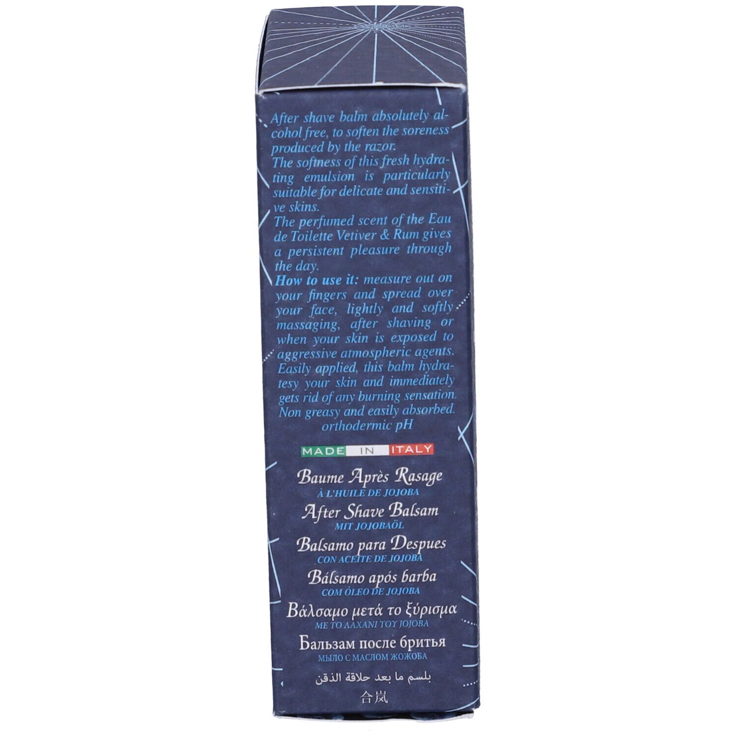 Confezione, testo in inglese, francese, italiano, greco e arabo. Made in Italy.