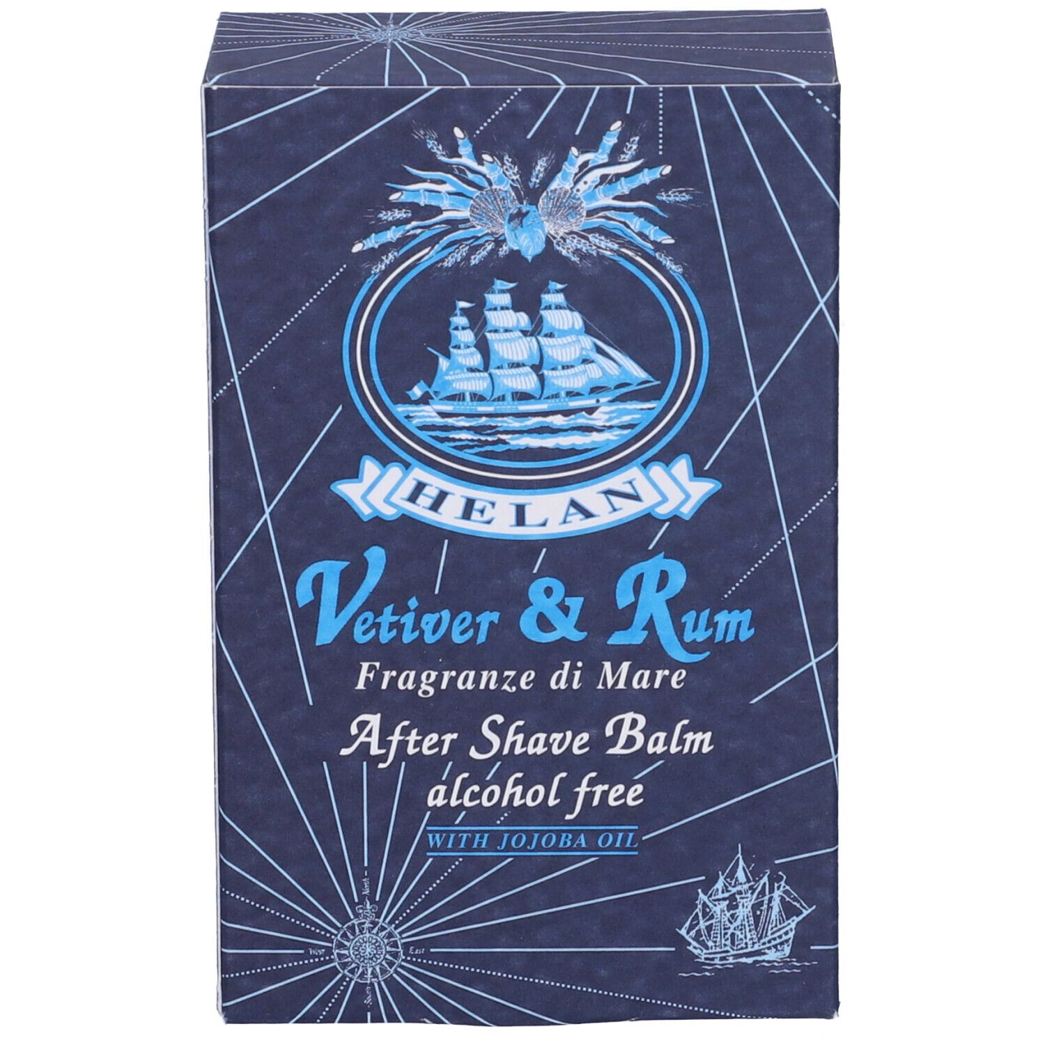 Confezione blu con motivo nave a vela. Scritta: HELAN, Vetiver & Rum, After Shave Balm.