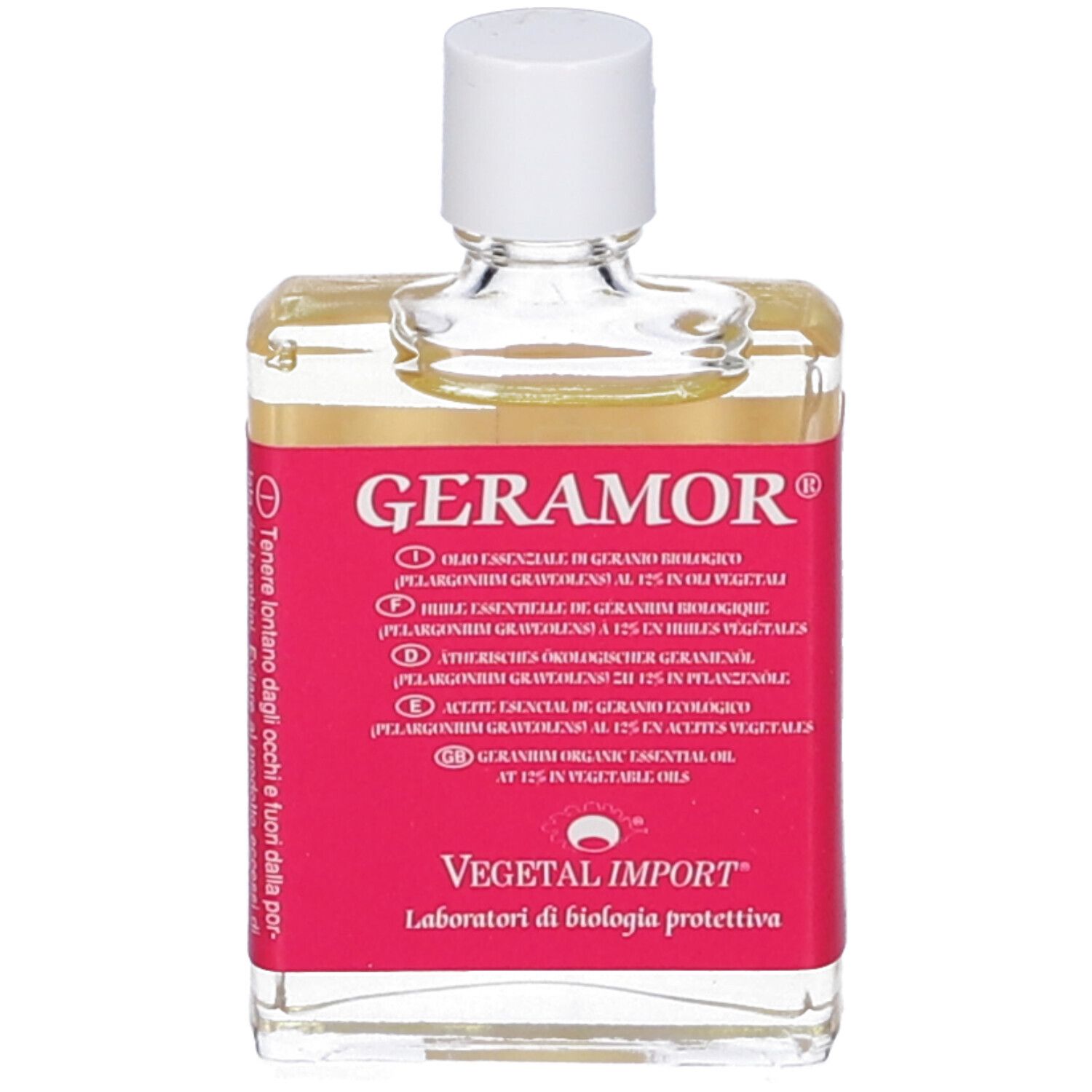 Geramor Olio Essenziale Geranio. Flacone trasparente con tappo bianco. Etichetta rossa con testo.