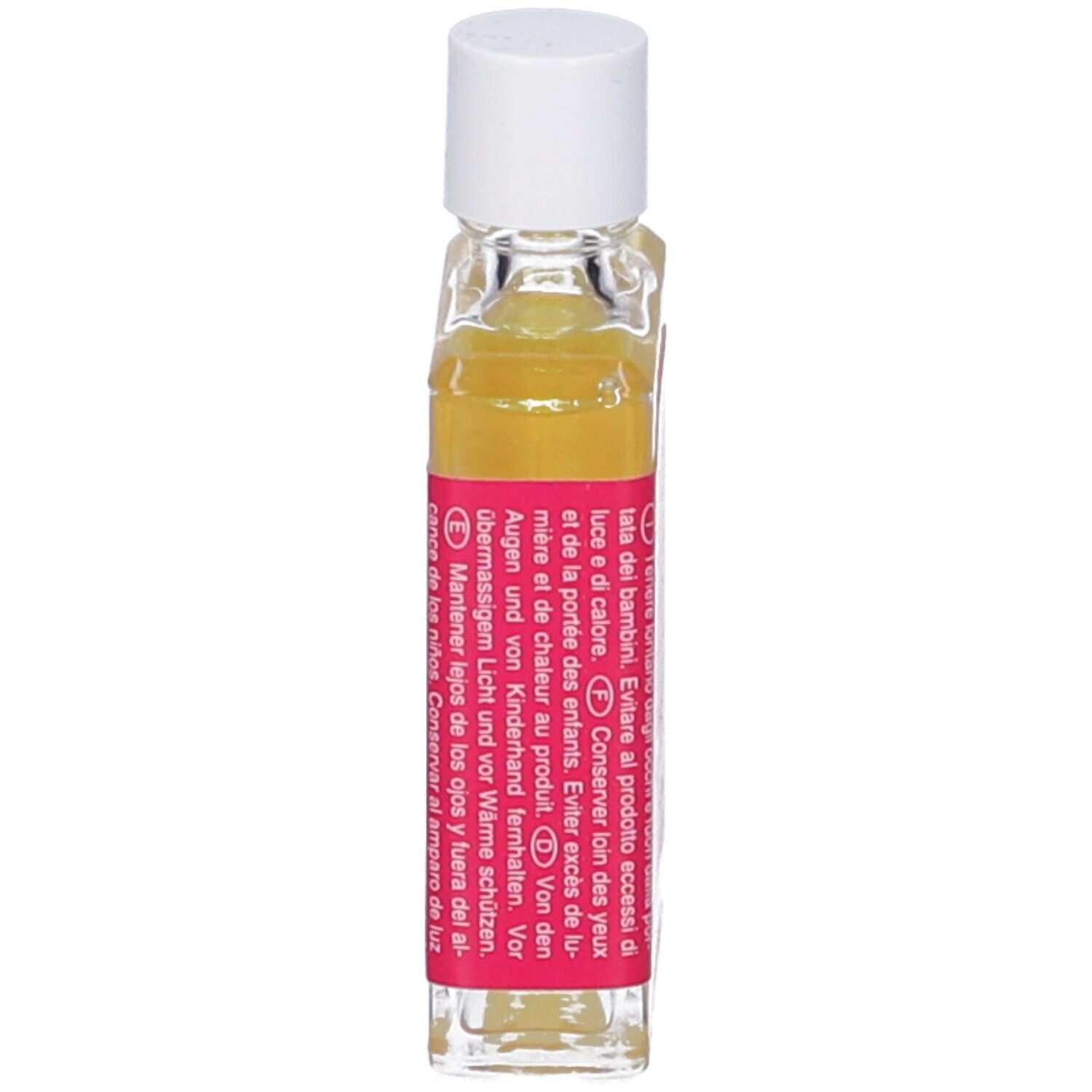 Geramor Olio Essenziale Geranio. Piccolo flacone trasparente con tappo bianco. Etichetta rossa.