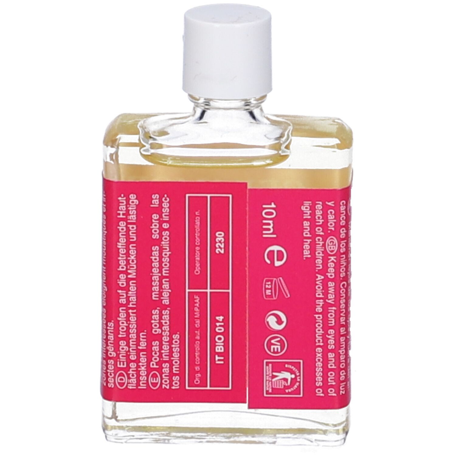 Geramor Olio Essenziale Geranio. Piccolo flacone trasparente con tappo bianco. Etichetta rossa.