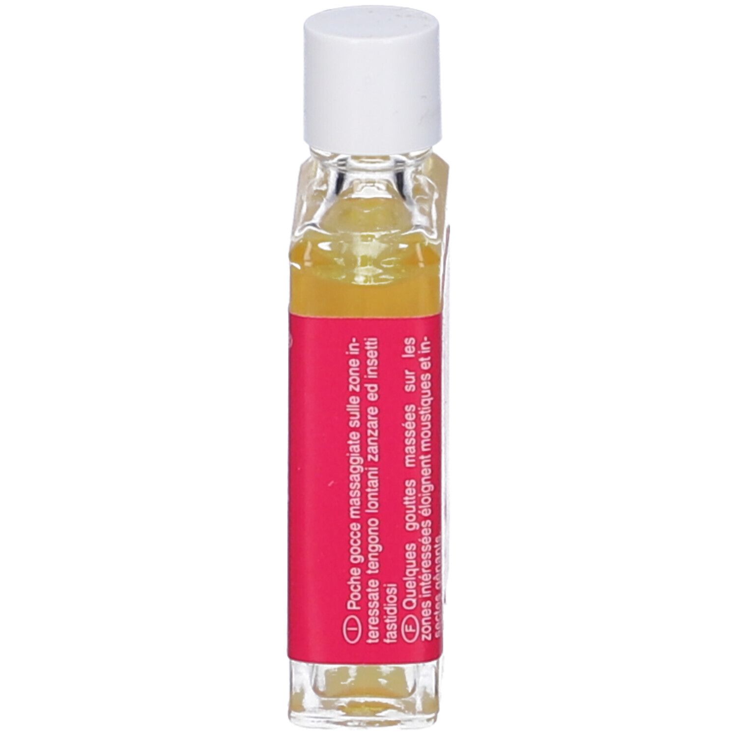 Geramor Olio Essenziale Geranio. Piccolo flacone trasparente con tappo bianco. Etichetta rossa.