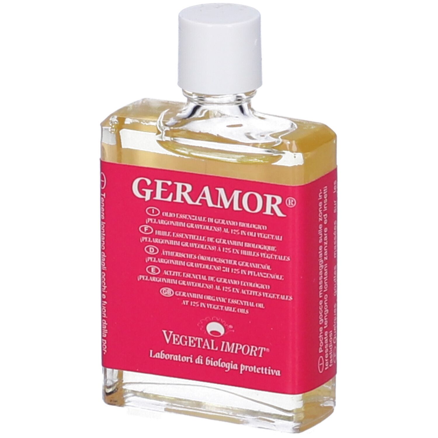 Geramor Olio Essenziale Geranio. Flacone trasparente con tappo bianco. Etichetta rossa con testo.