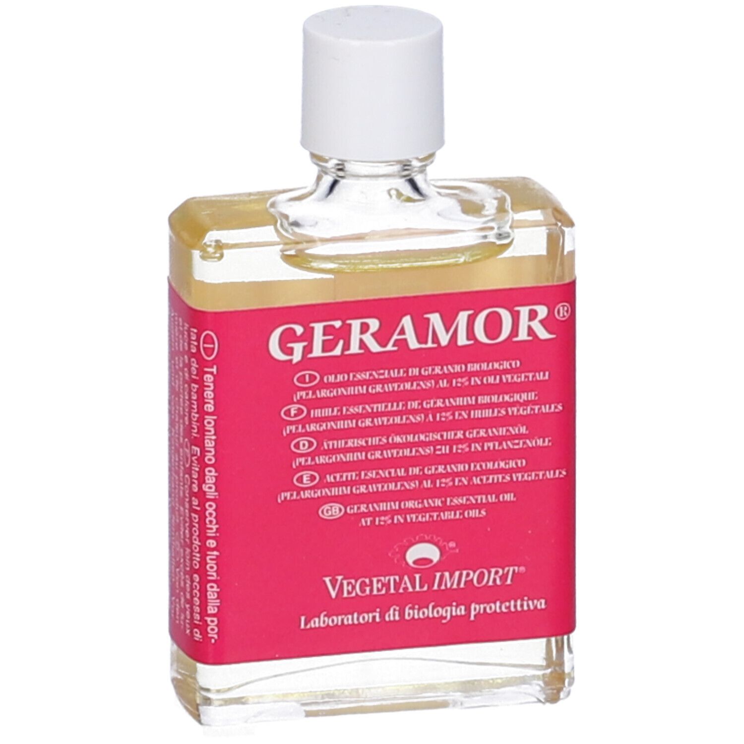 Geramor Olio Essenziale Geranio. Flacone trasparente con tappo bianco. Etichetta rossa con testo.