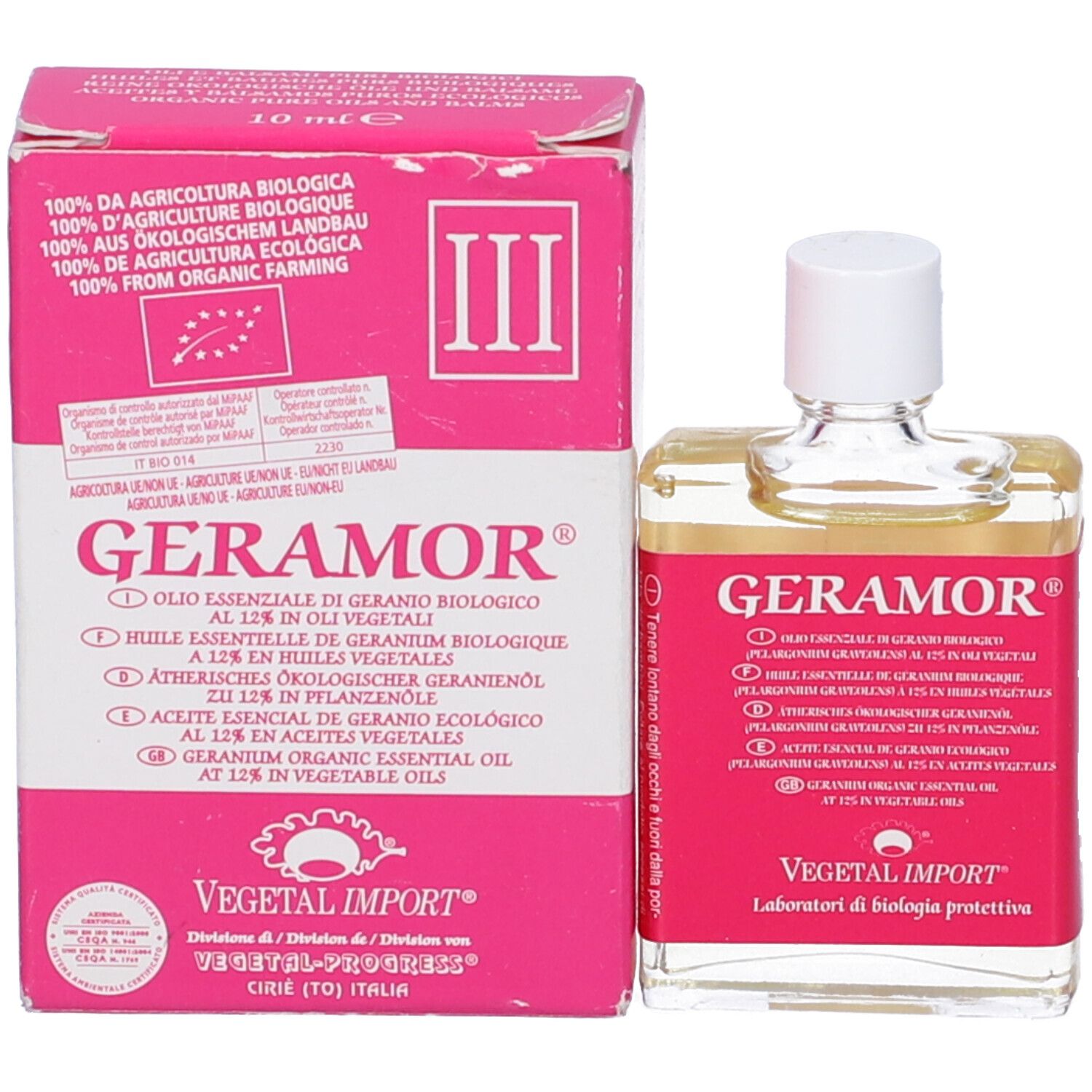Geramor Olio Essenziale Geranio. Flacone e scatola. Design rosa e bianco. Testo e logo.