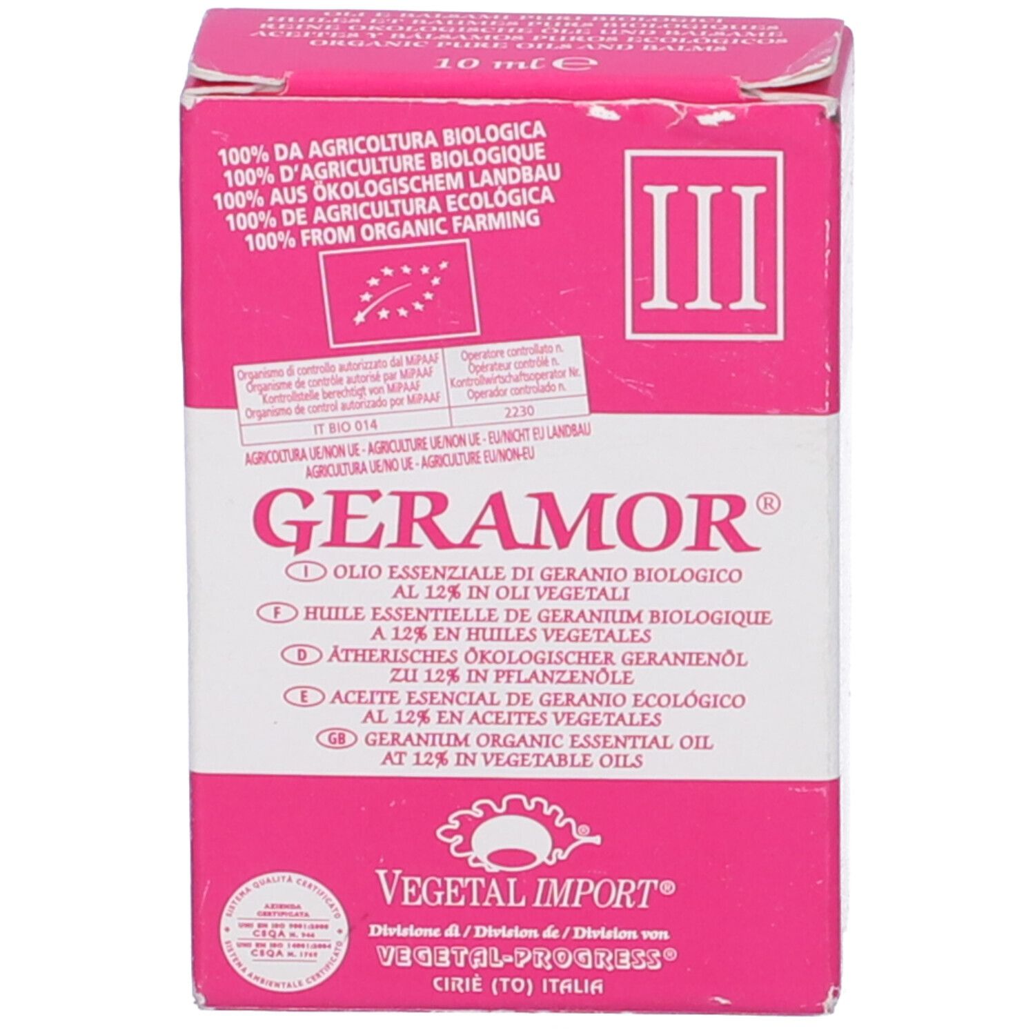 Geramor Olio Essenziale Geranio. Scatola rosa con testo e logo. 10 ml. Certificazione bio.