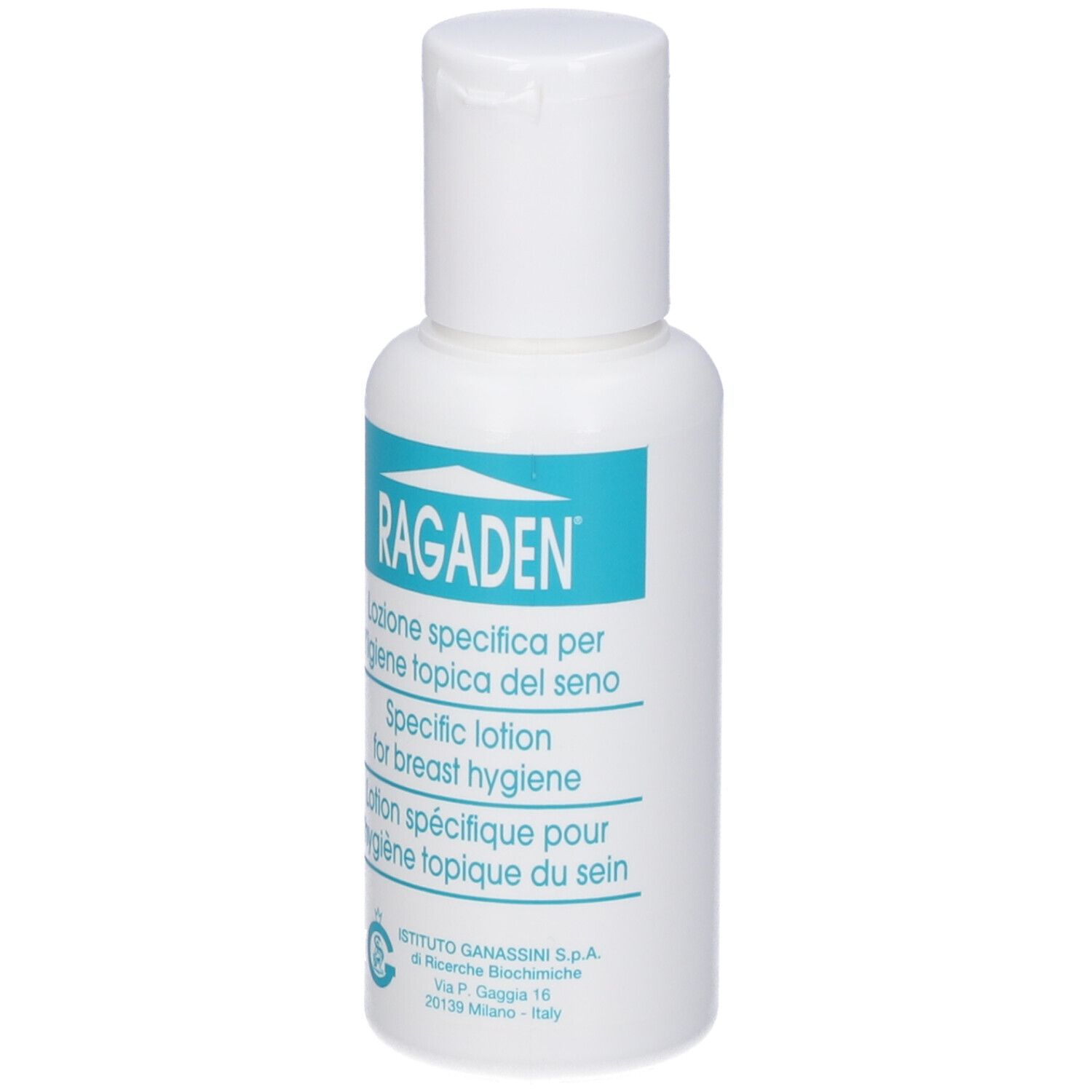 Flacone bianco con tappo a ribalta. Nome prodotto: RAGADEN. Testo multilingue.