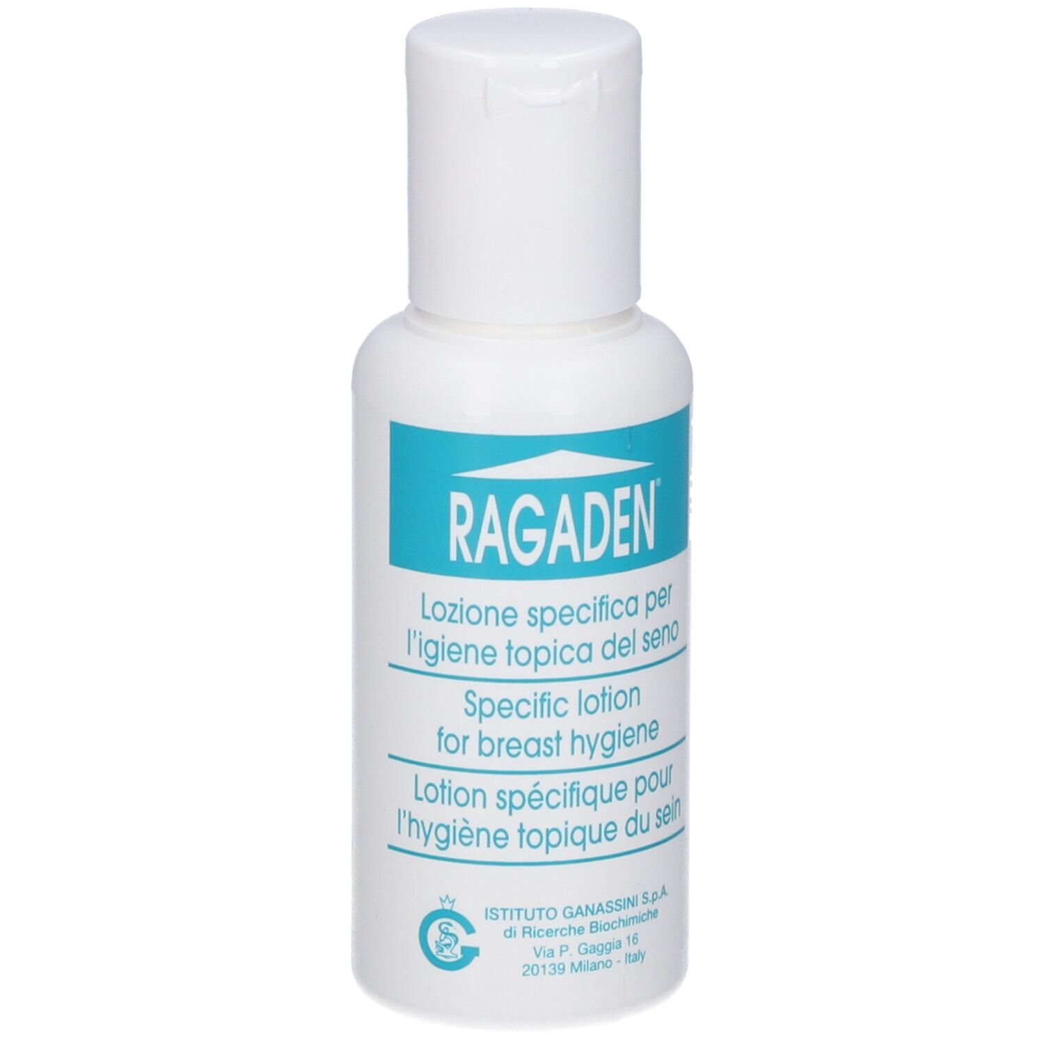 Flacone bianco con tappo a ribalta. Nome prodotto: RAGADEN. Testo multilingue.