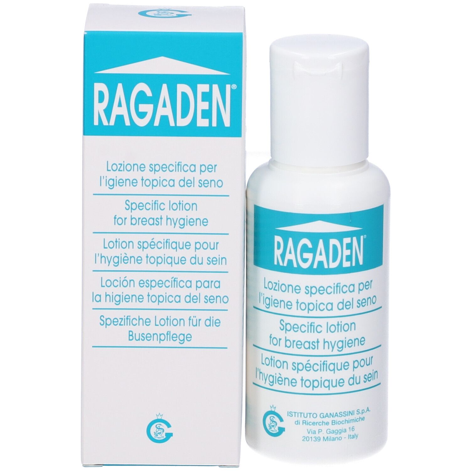 Flacone e scatola. Nome prodotto: RAGADEN. Testo multilingue. Bianco e blu.