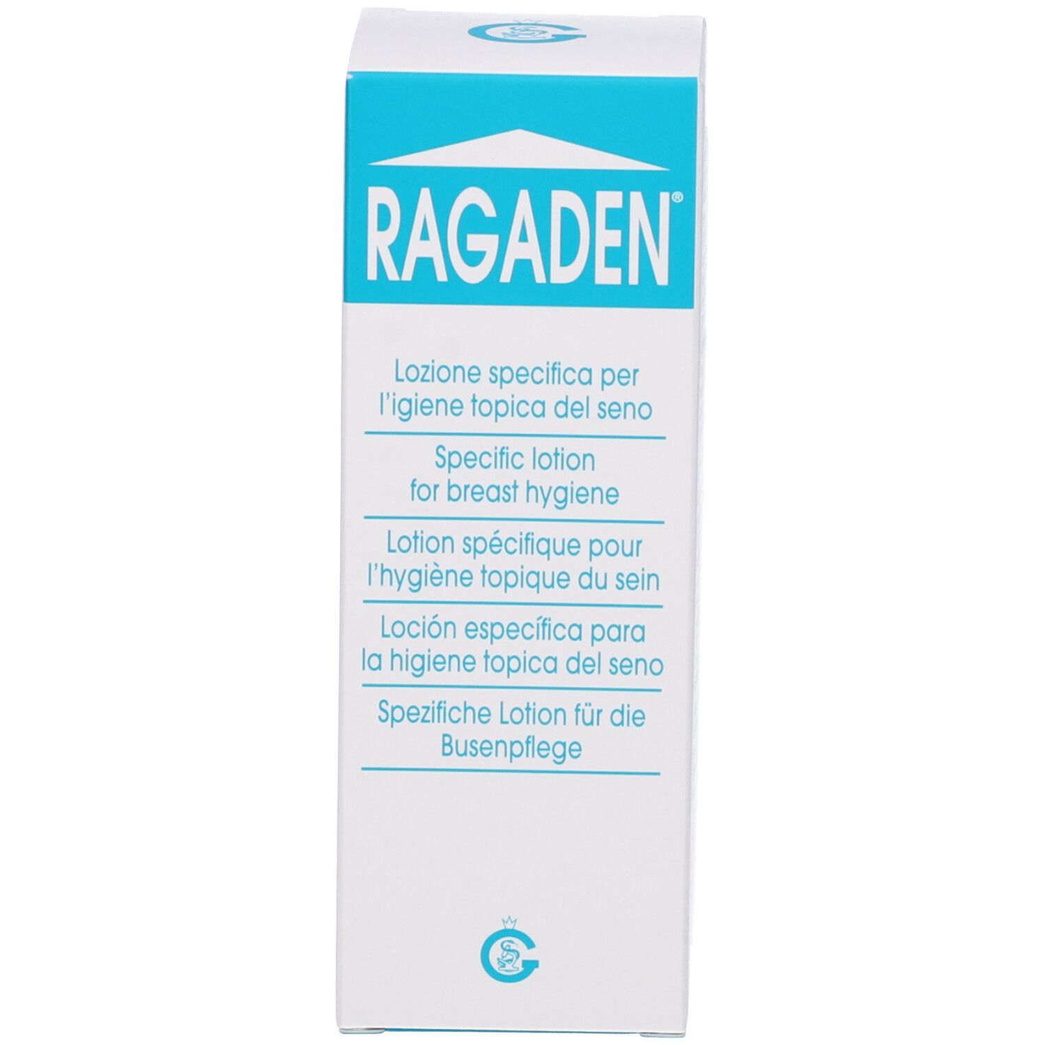 Scatola con nome e testo del prodotto. Bianco e blu. Nome prodotto: RAGADEN.