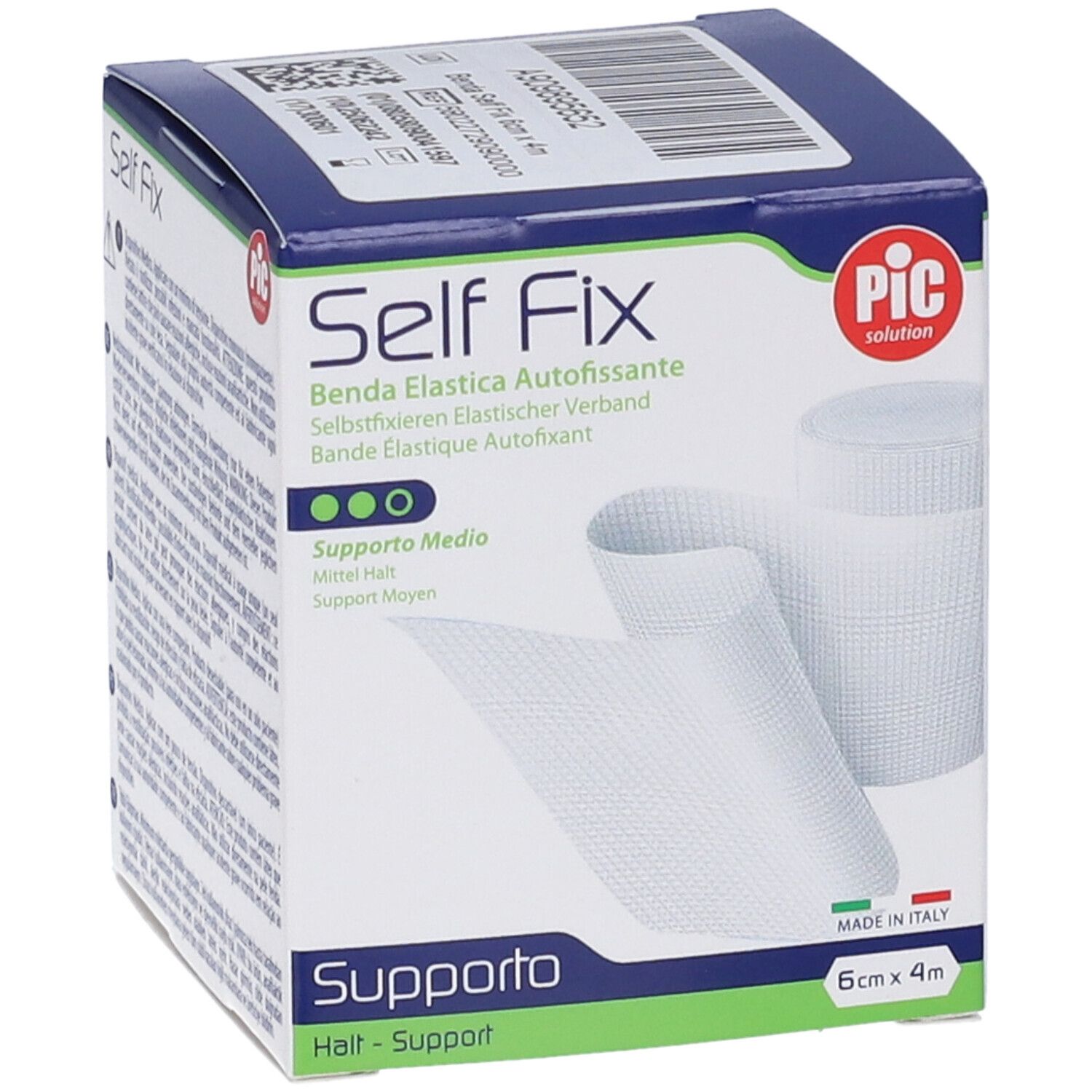 Confezione di PIC Self Fix Benda Elastica. Bendaggio elastico bianco. Scritte: Self Fix, Benda Elastica Autofissante, 6cm x 4m.
