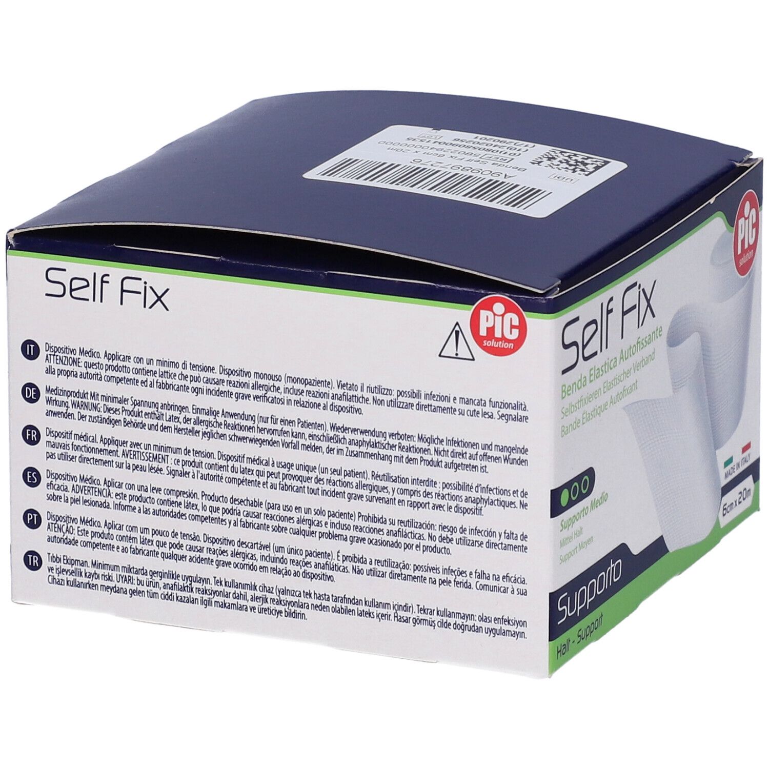Confezione di Self Fix. Scritto: Benda Elastica Autofissante, 6cm x 20m. Logo PIC. Avvertenze e testo.