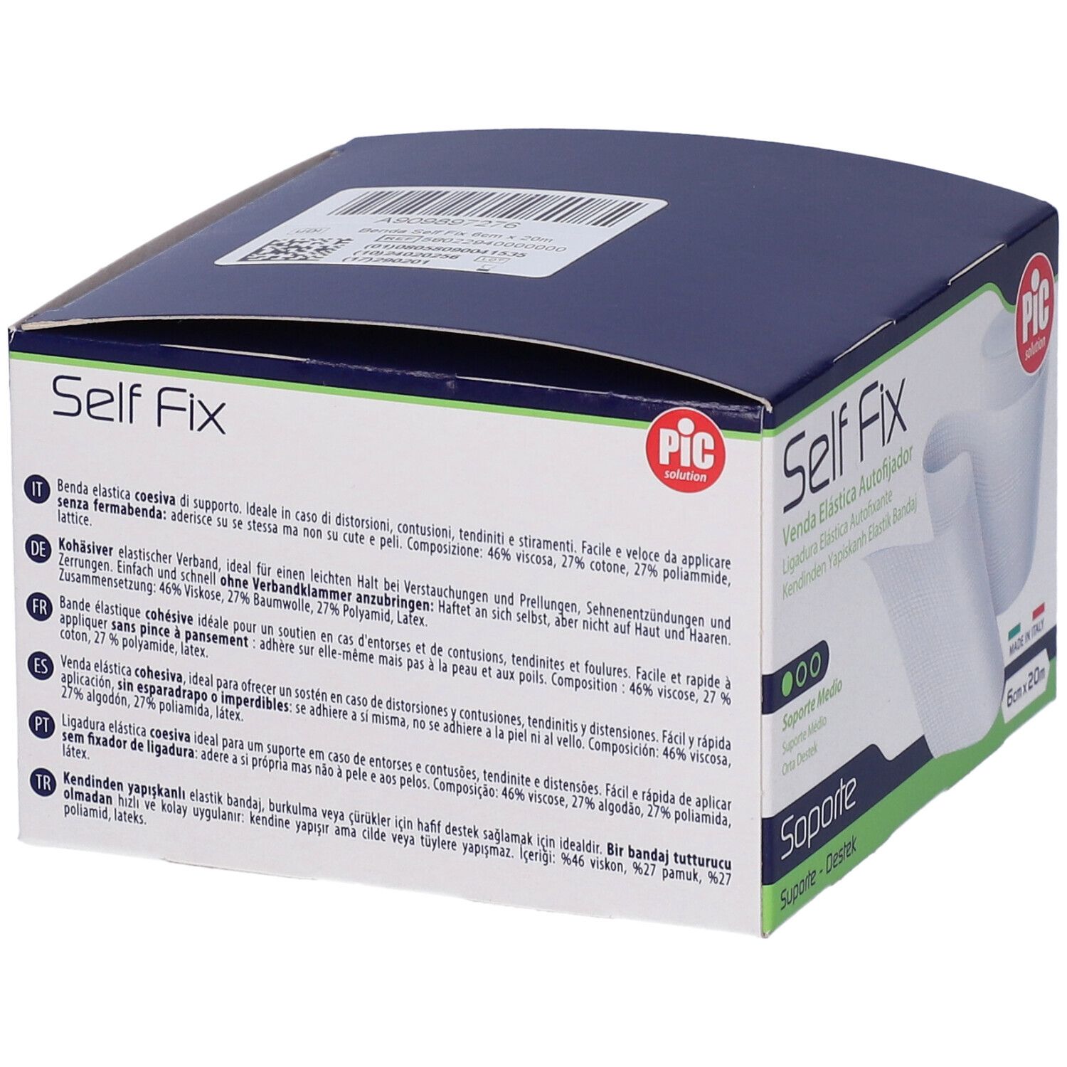 Confezione di Self Fix. Scritto: Benda elastica coesiva di supporto, 6cm x 20m. Logo PIC. Testo e informazioni.