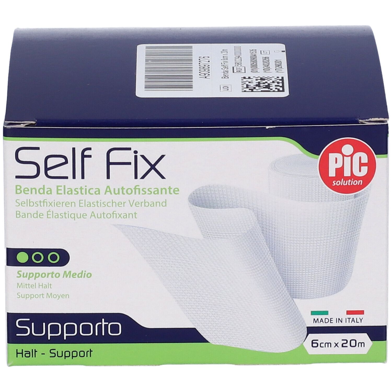 Confezione di Self Fix. Scritto: Benda Elastica Autofissante, 6cm x 20m. Logo PIC. Bandiera verde-bianco-rossa.