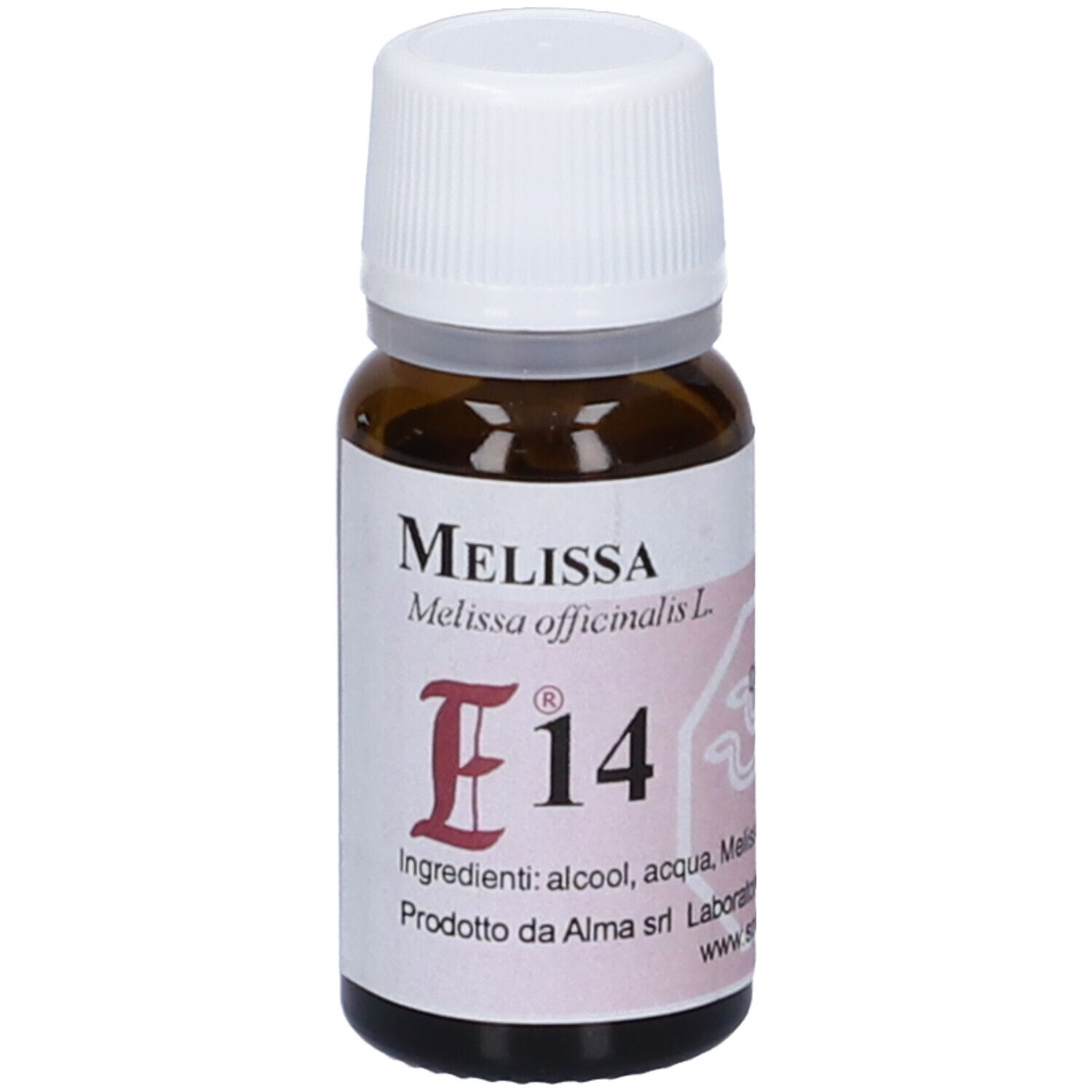 Flacone di vetro marrone con tappo bianco. Etichetta con testo: "Melissa E14".