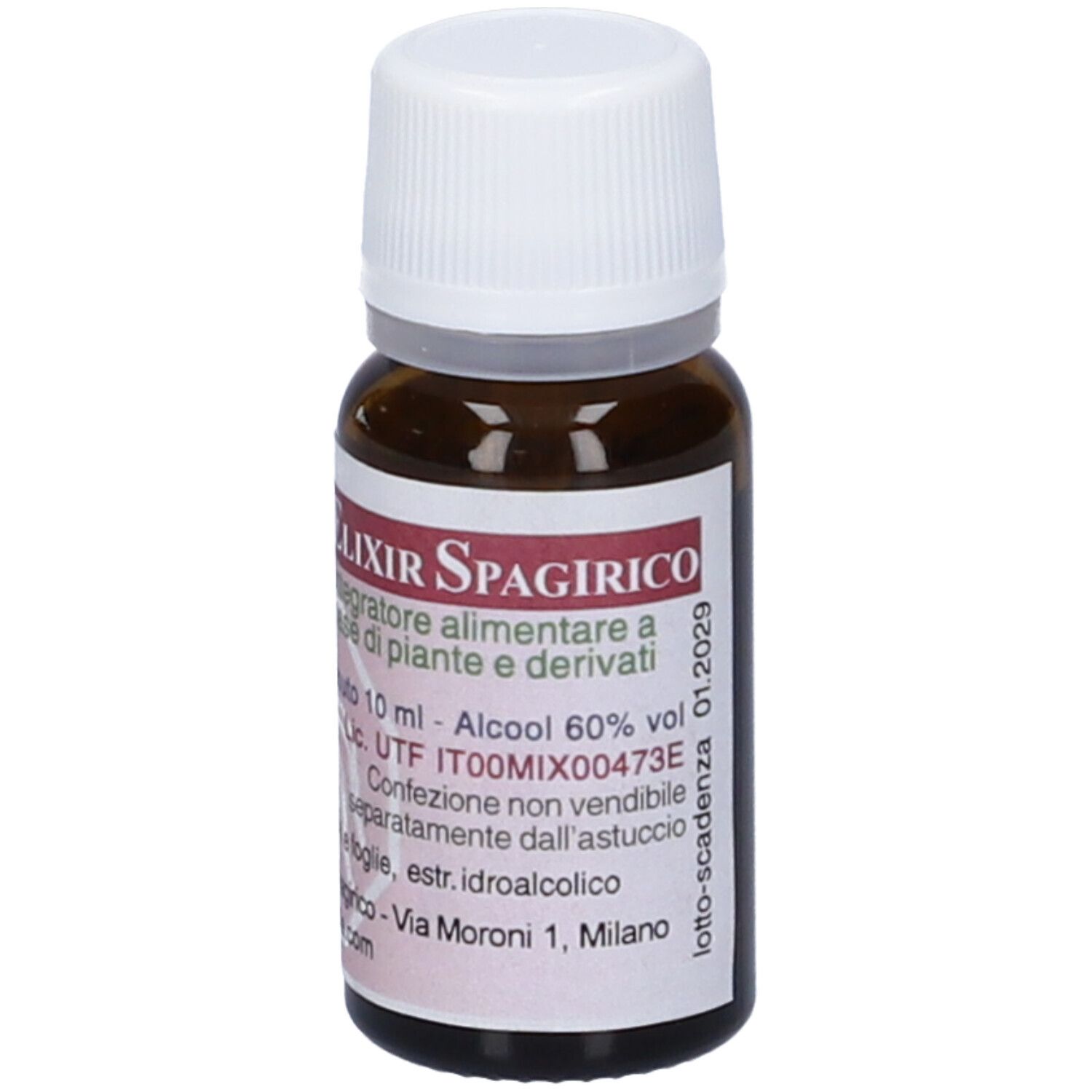 Flacone di vetro marrone con tappo bianco. Etichetta con testo: "Elixir Spagirico".