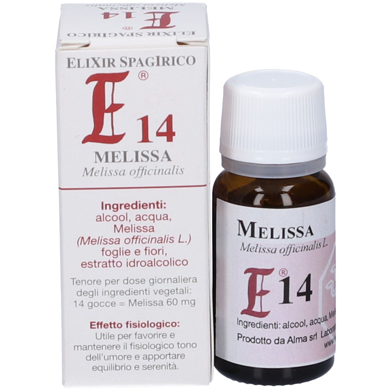 Flacone di vetro marrone e scatola. Sul flacone, "Melissa E14".