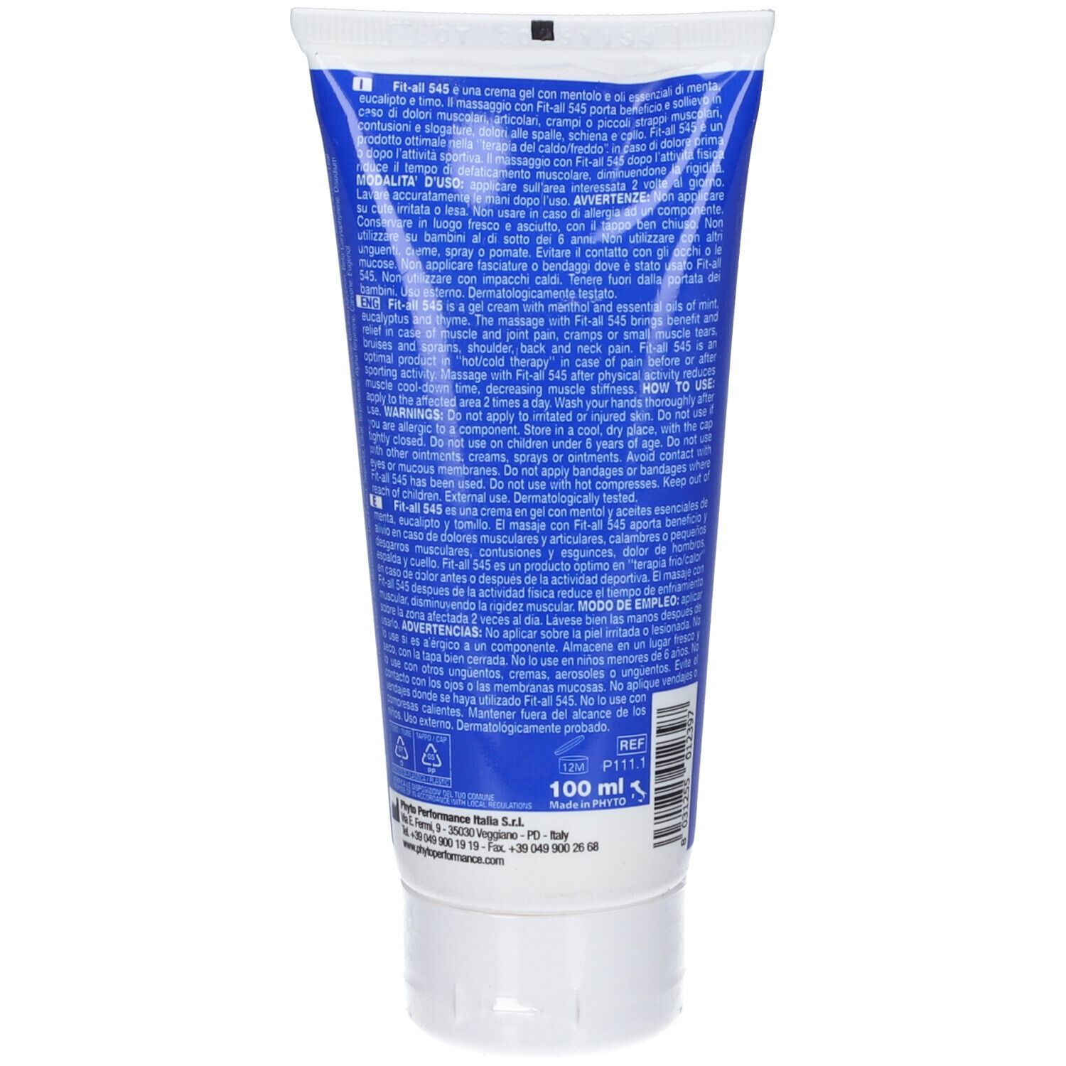 Retro di un tubo blu. Testo: Istruzioni per l'uso, ingredienti, avvertenze. Volume: 100 ml. Marchio: Phyto Performance.