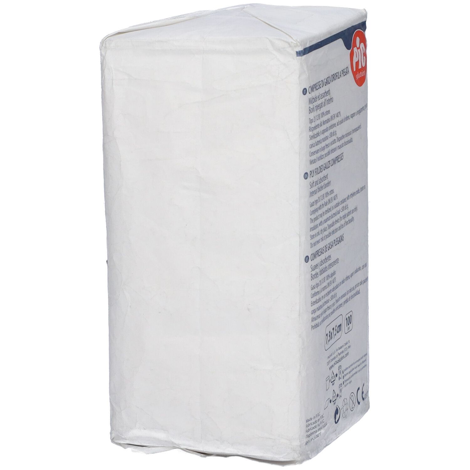 Confezione bianca rettangolare. Contiene compresse di garza. Accenti blu e rossi. Marchio CE.