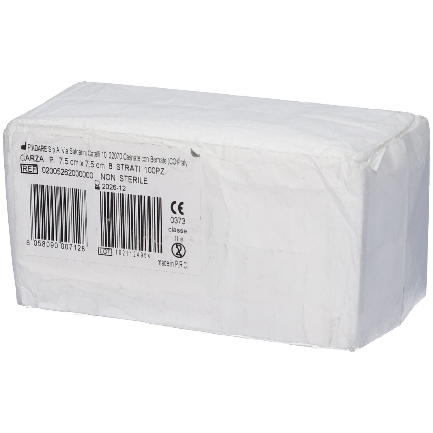 Confezione rettangolare di compresse di garza. Informazioni stampate. Codice a barre e marchio CE.