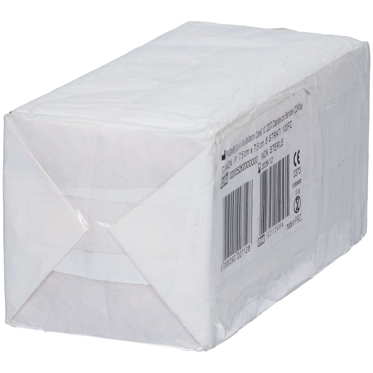 Confezione rettangolare di compresse di garza. Informazioni stampate. Codice a barre e marchio CE.
